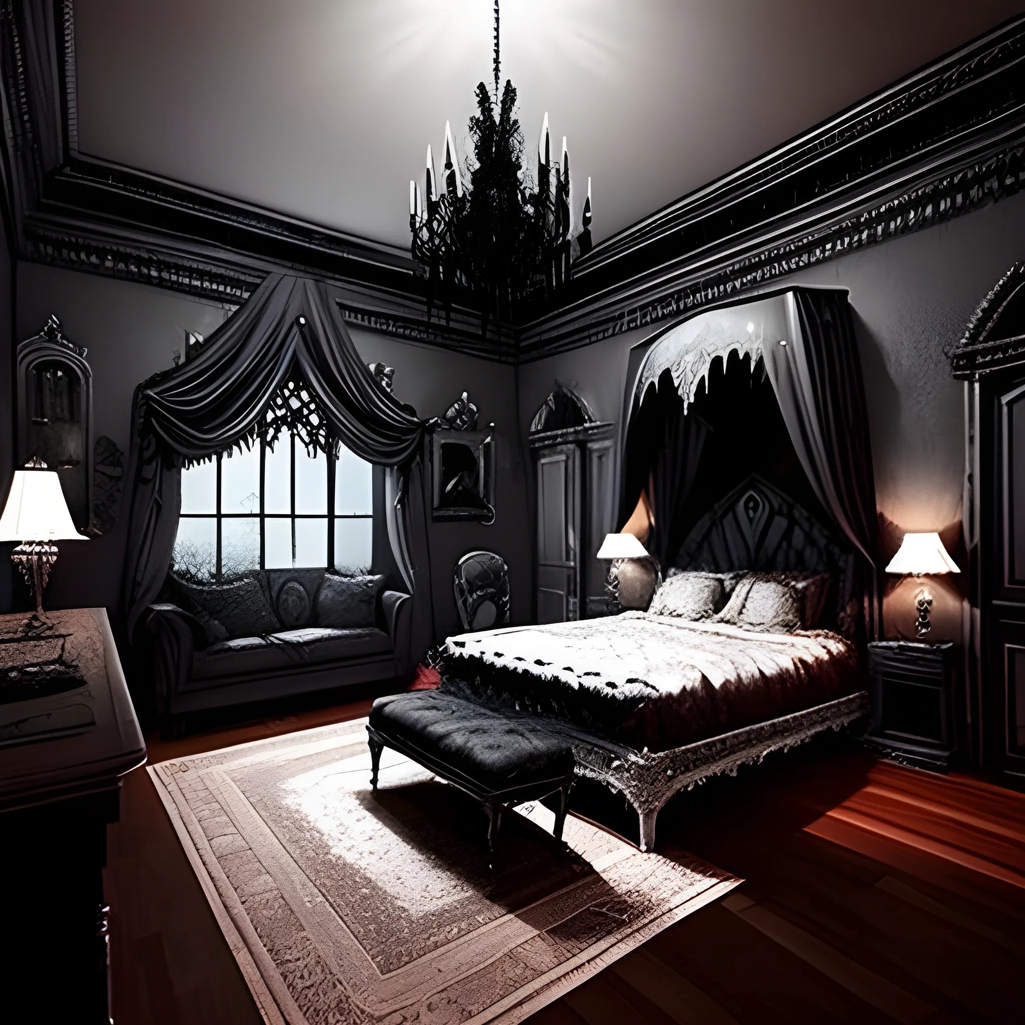 A gothic bedroom, realistic, dark ilumination
