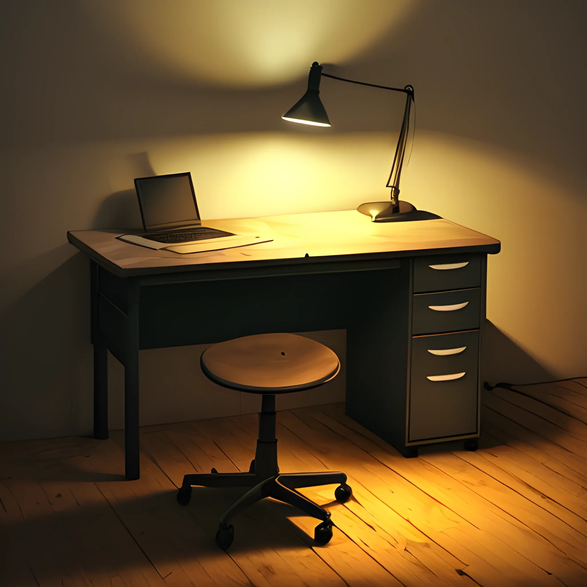 a desk in a dark room whit some lights an a chair 
