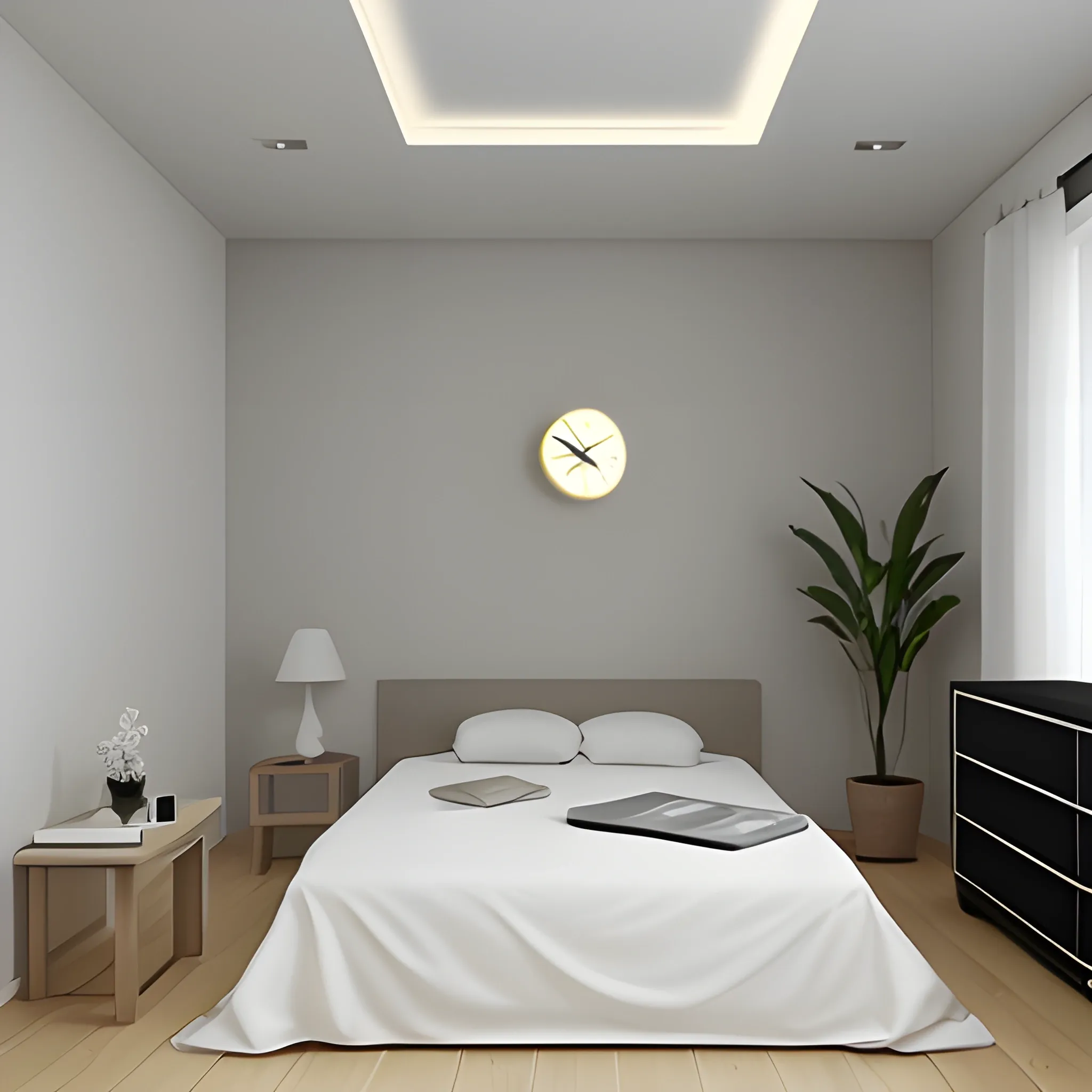 A minimalistic room, 3D, a clock in the wall, natural ilumination