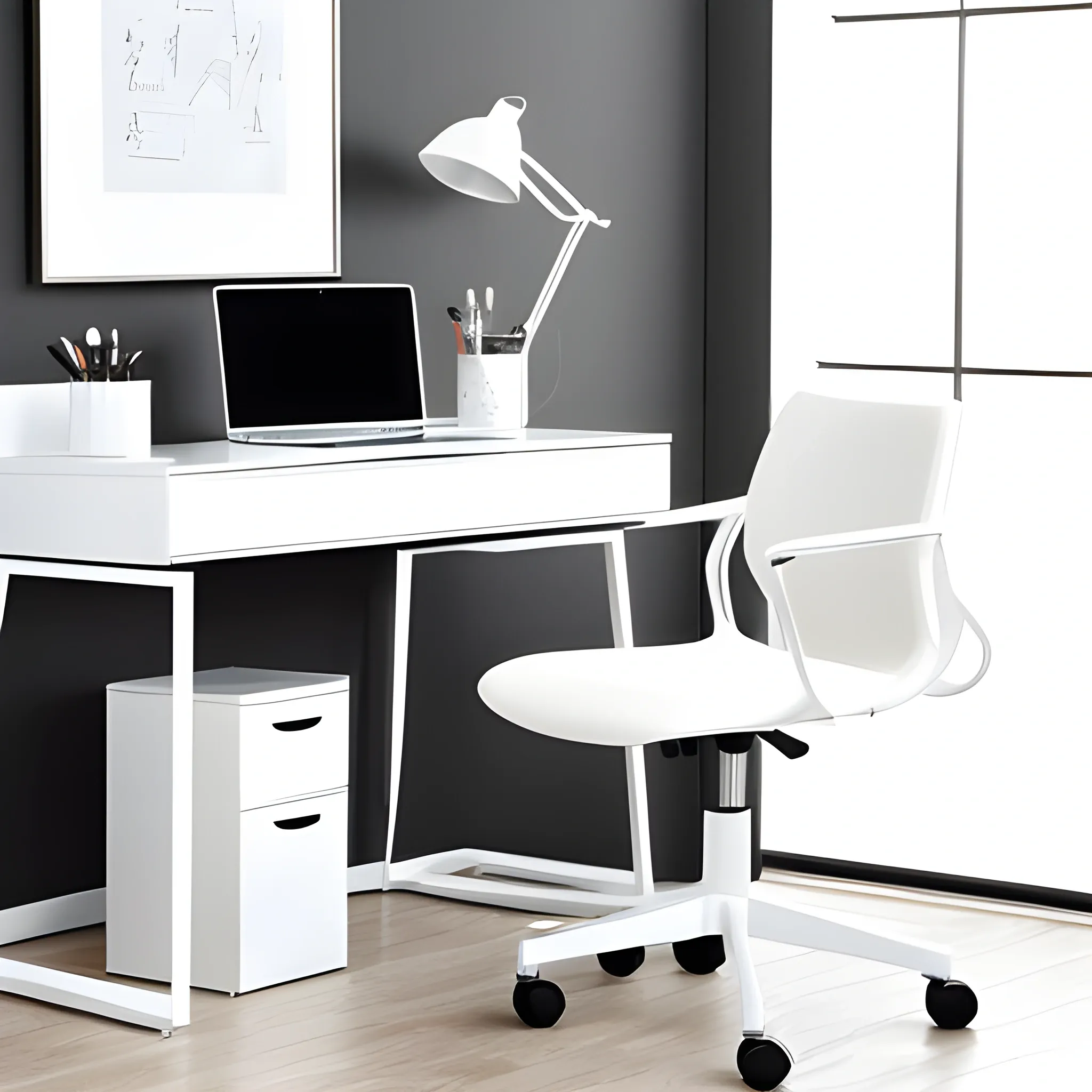 Introduce a modern piece of furniture with beautiful white paint and desk chair