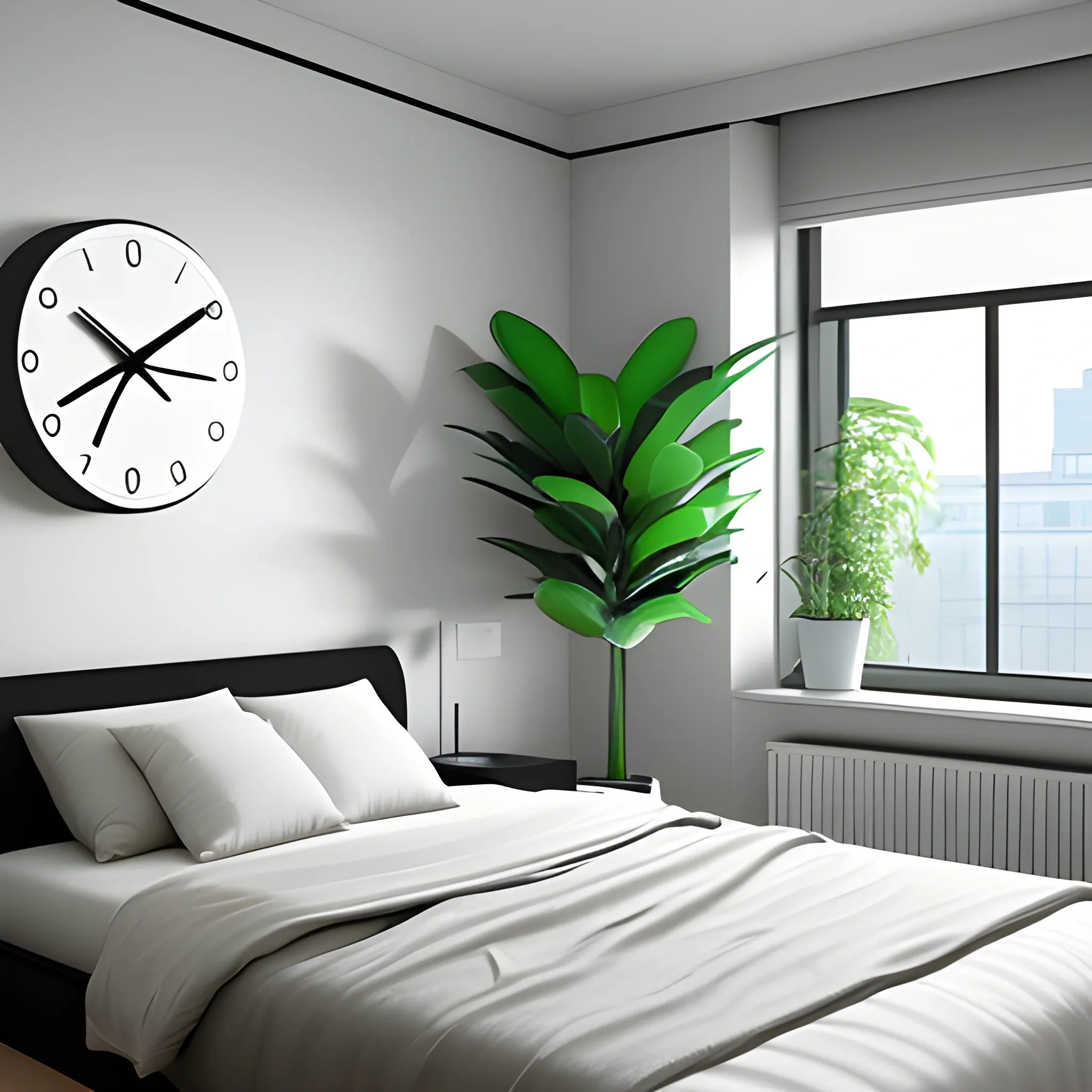 A minimalistic room, An End of bed, 3D, a clock in the wall, a plant 