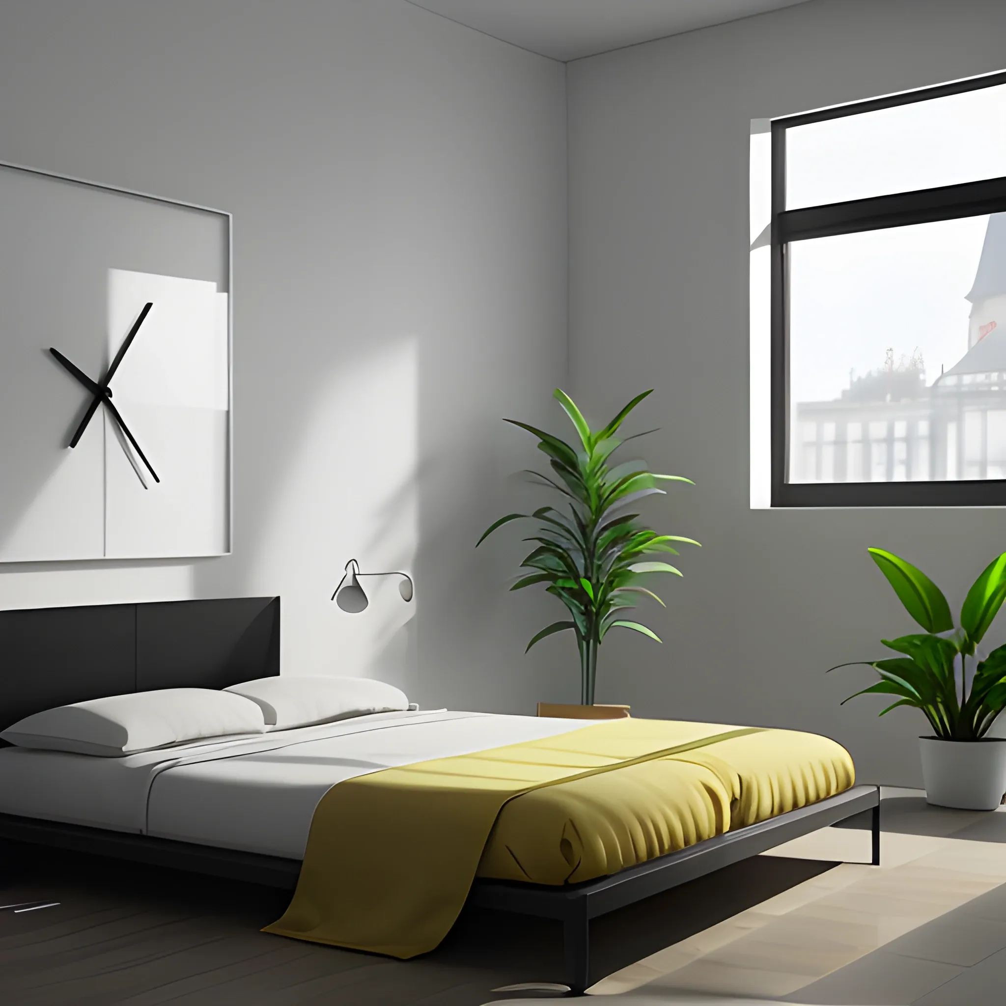 A minimalistic room, An End bed, 3D, a clock in the wall, a plant, Front view
