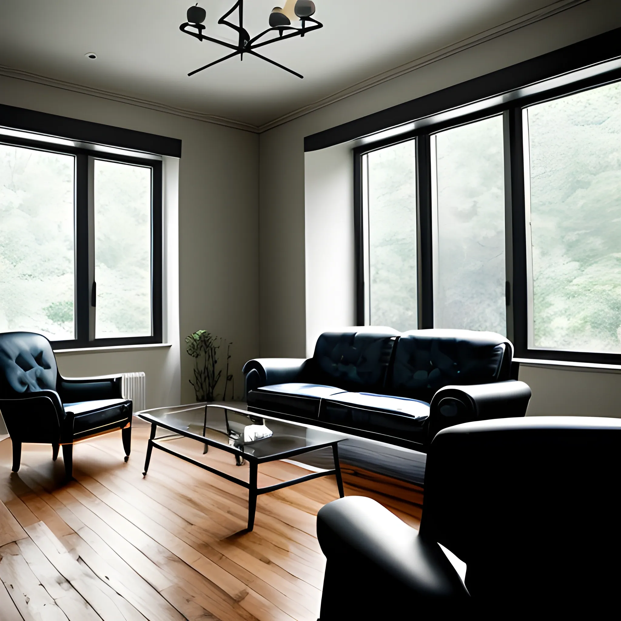 Extensive furniture in a room with windows, next to the furniture a couple of black chairs and rain on the outside
