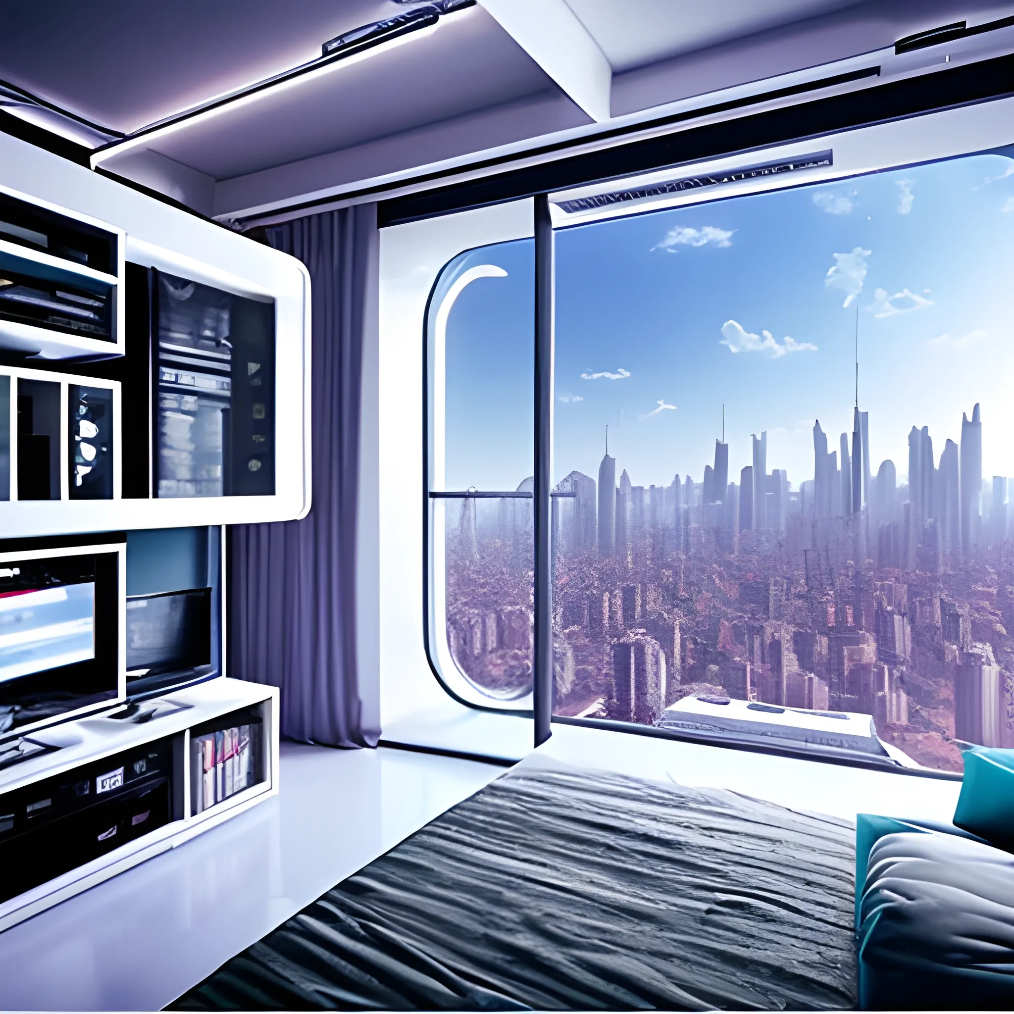 una habitación con vista a una ciudad futurista