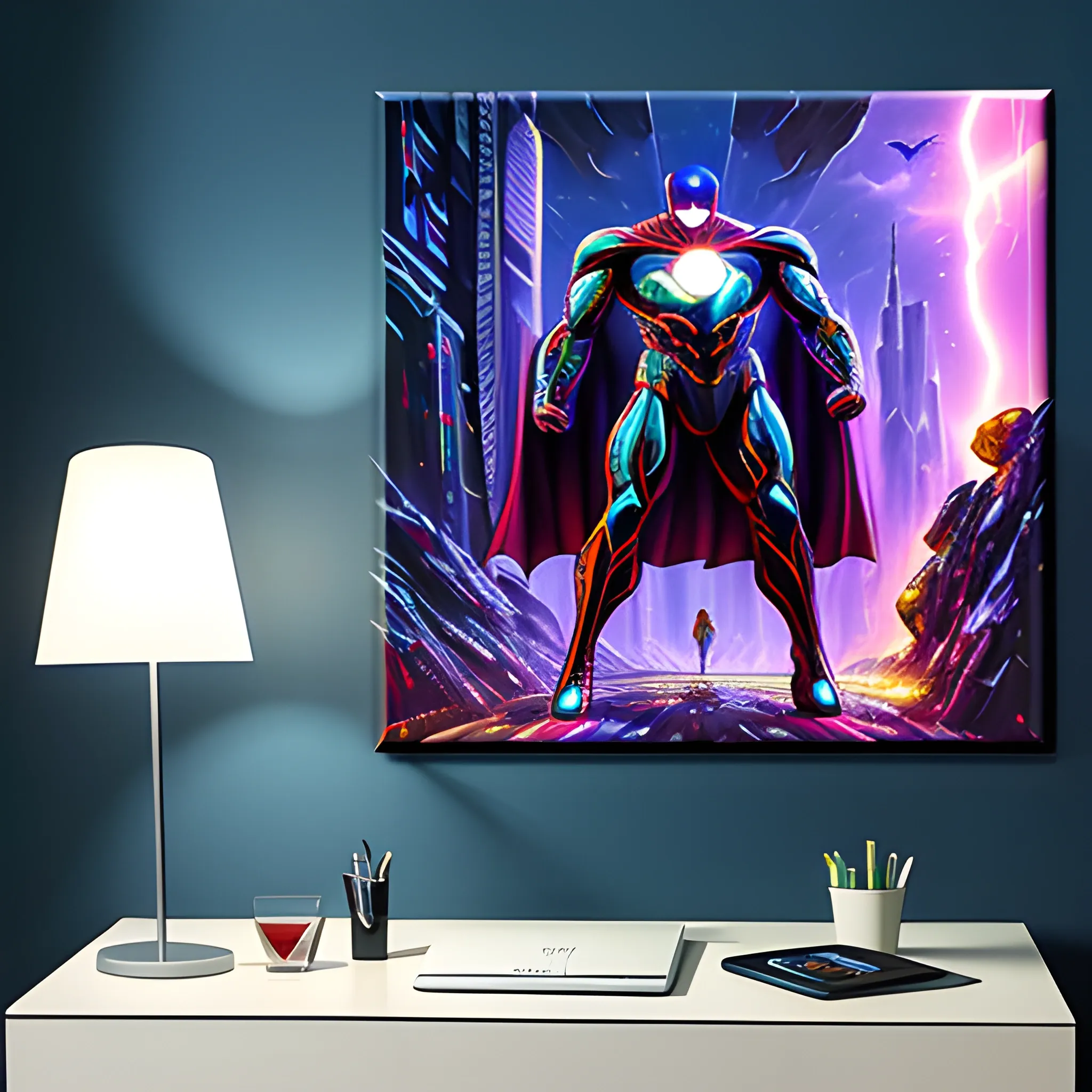 teenager's room, superhero paintings, futuristic ornaments, computer, keyboard, futuristic lamp