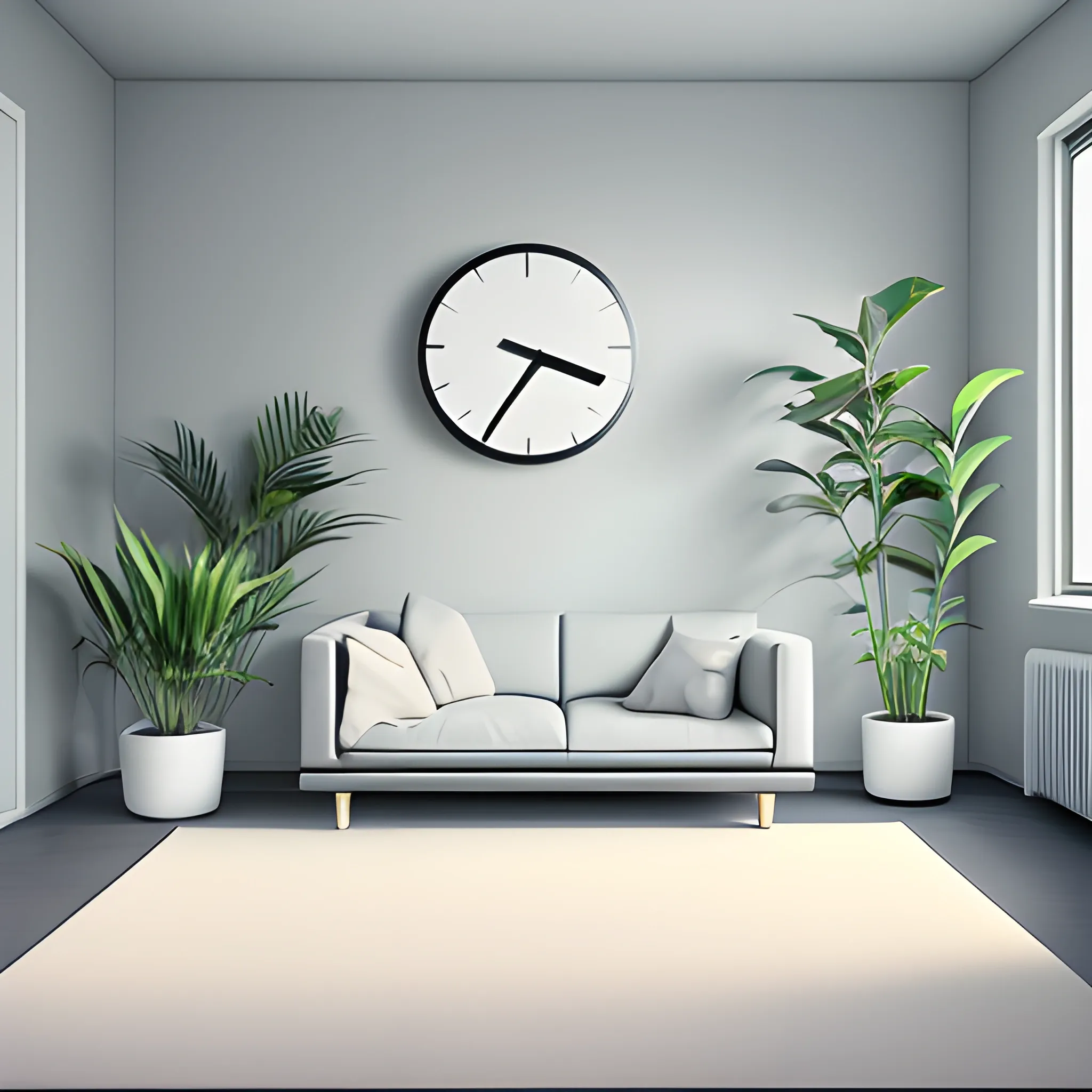 A minimalistic room, 3D, a clock in the wall, a plant, camera from the front, a carpet 
