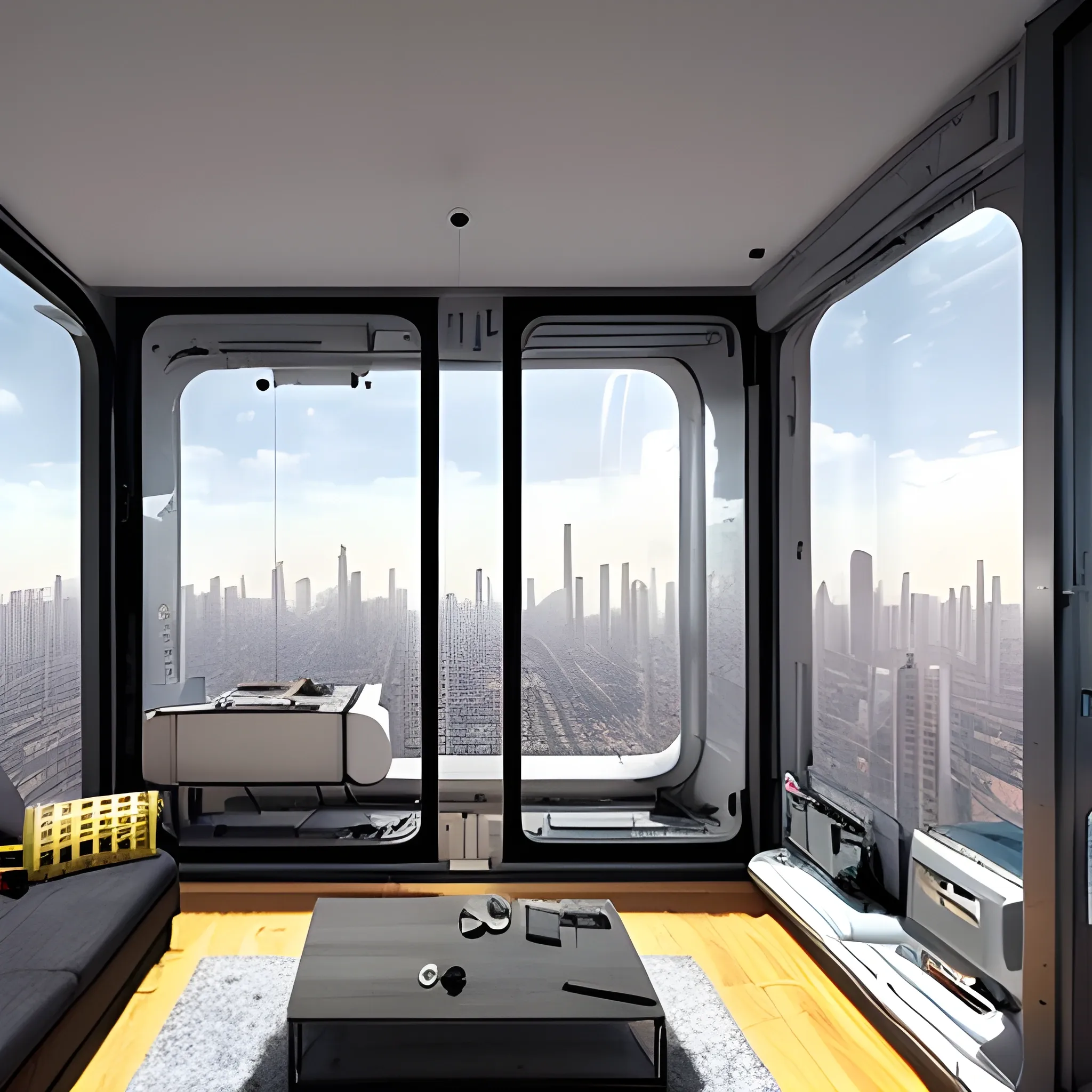 una habitación con vista a ciudad futurista