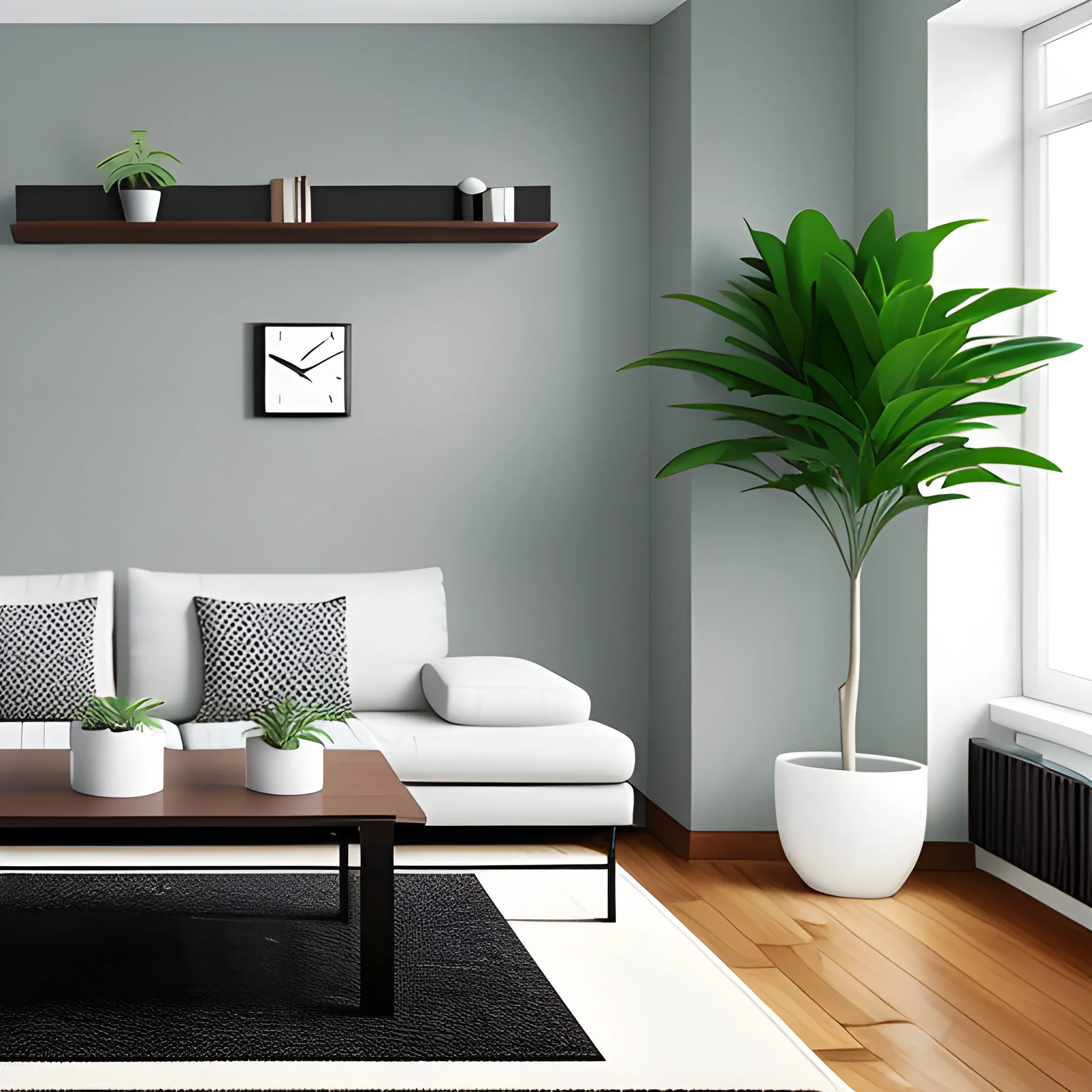 A minimalistic room, 3D, a clock in the wall, a plant, camera from the front, a carpet, a coffee table, a boockshelf
