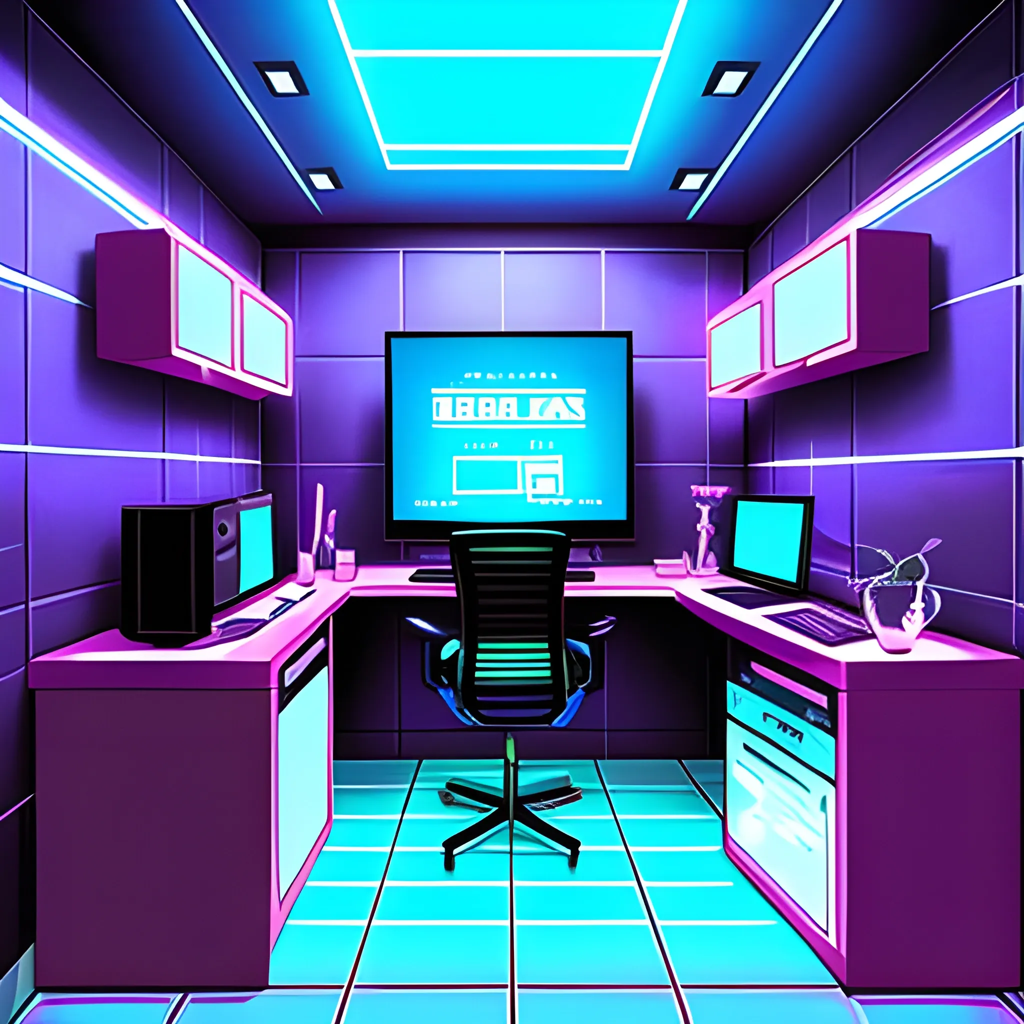 room with tile looks, teenager, superhero paintings, futuristic decorations, desktop computer with keyboard, futuristic lamp, neon lights on the walls, modern accents