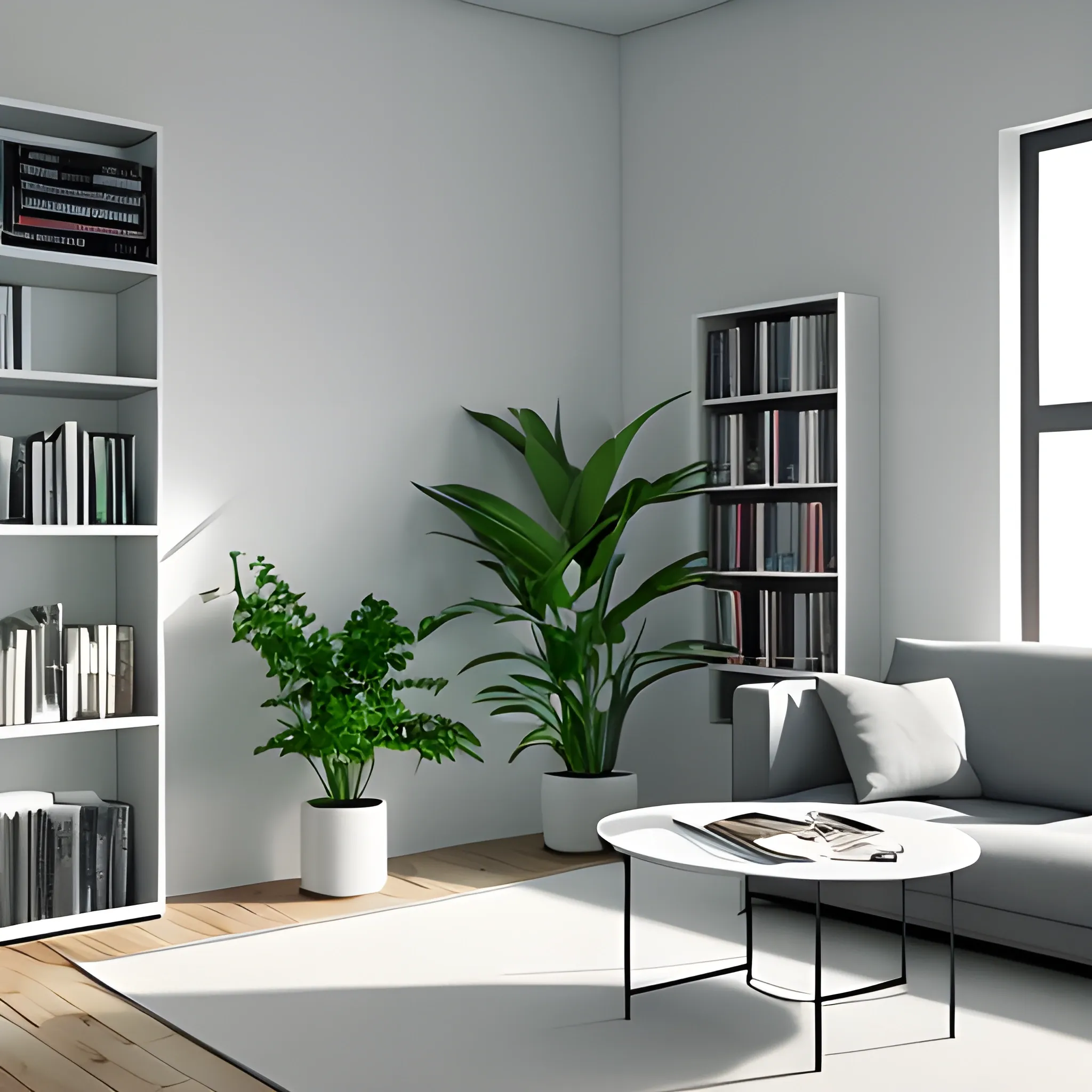 A minimalistic room, 3D, a clock in the wall, a plant, complete camera view, a carpet, a coffee table, a bookshelf, 