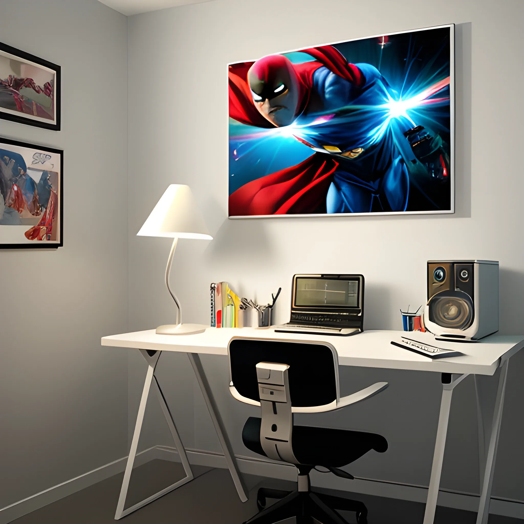 realistic image, room with white walls, superhero paintings, futuristic ornaments, desktop computer with keyboard, futuristic lamp, modern accents,