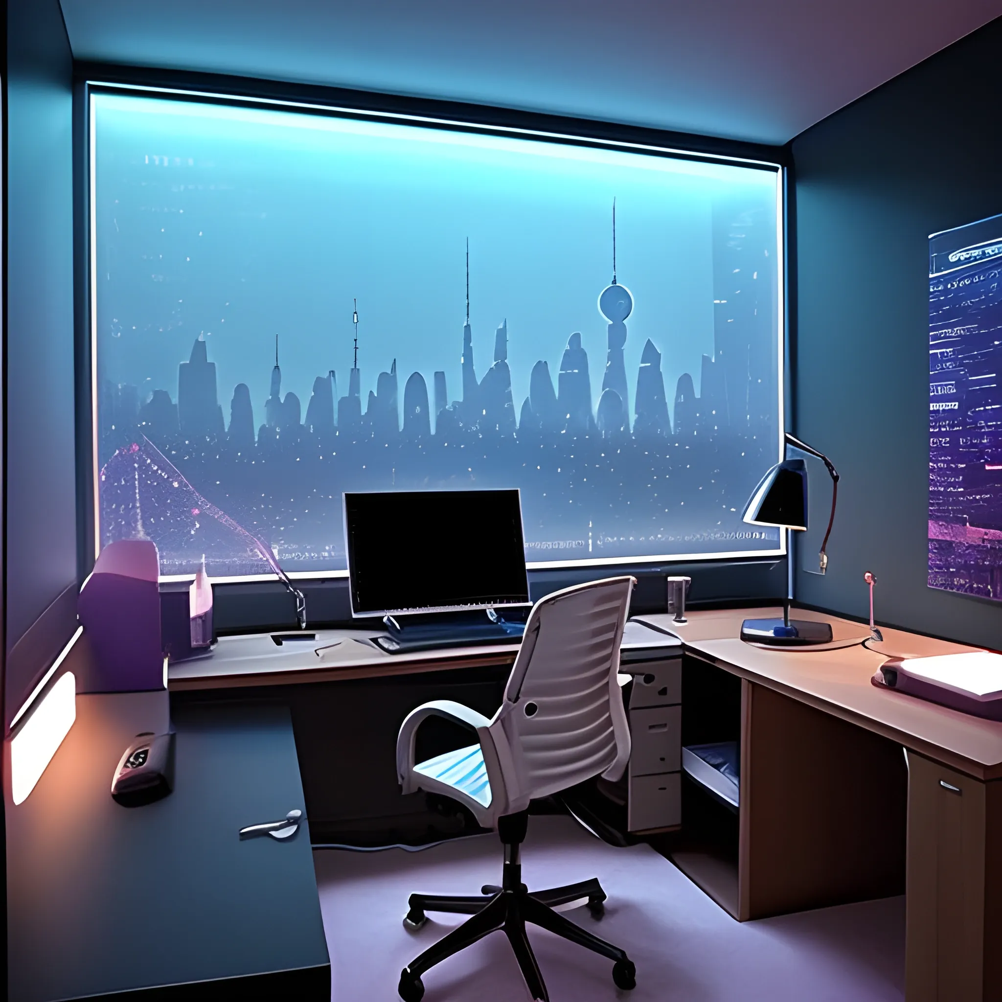 YOU CAN MAKE ME A FUSTURISTIC ROOM WITH A DESK WITH YOUR COMPUTER, WITH A LAMP AND WITH YOUR FURNITURE AND WITH LED LIGHTS AND WITH A VIEW OF A FUTURISTIC CITY
