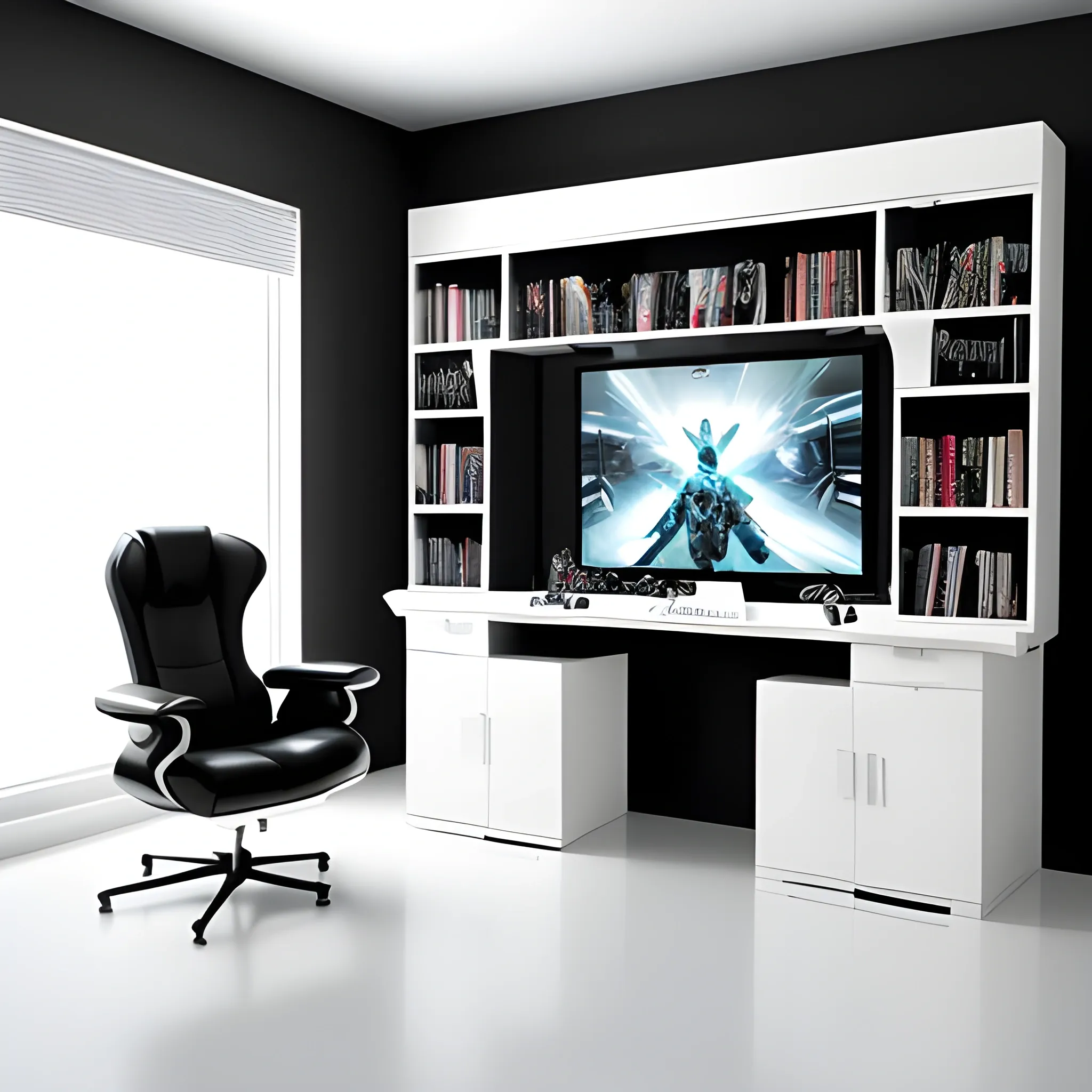 , 3D, room with white walls, superhero paintings, futuristic ornaments, gamer computer, exotic lamps, modern armchairs, white bookcases, black and white floor