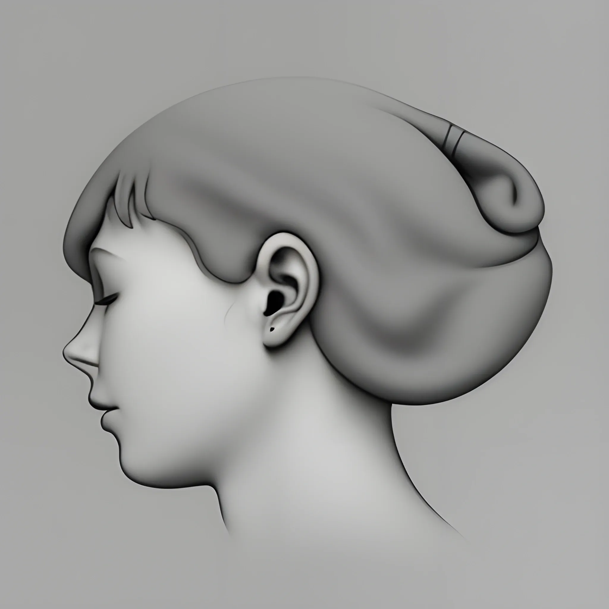 a gray ear in the center of the image without a face, ear close to the camara, full gray background, front point of view, soft light, illustration style