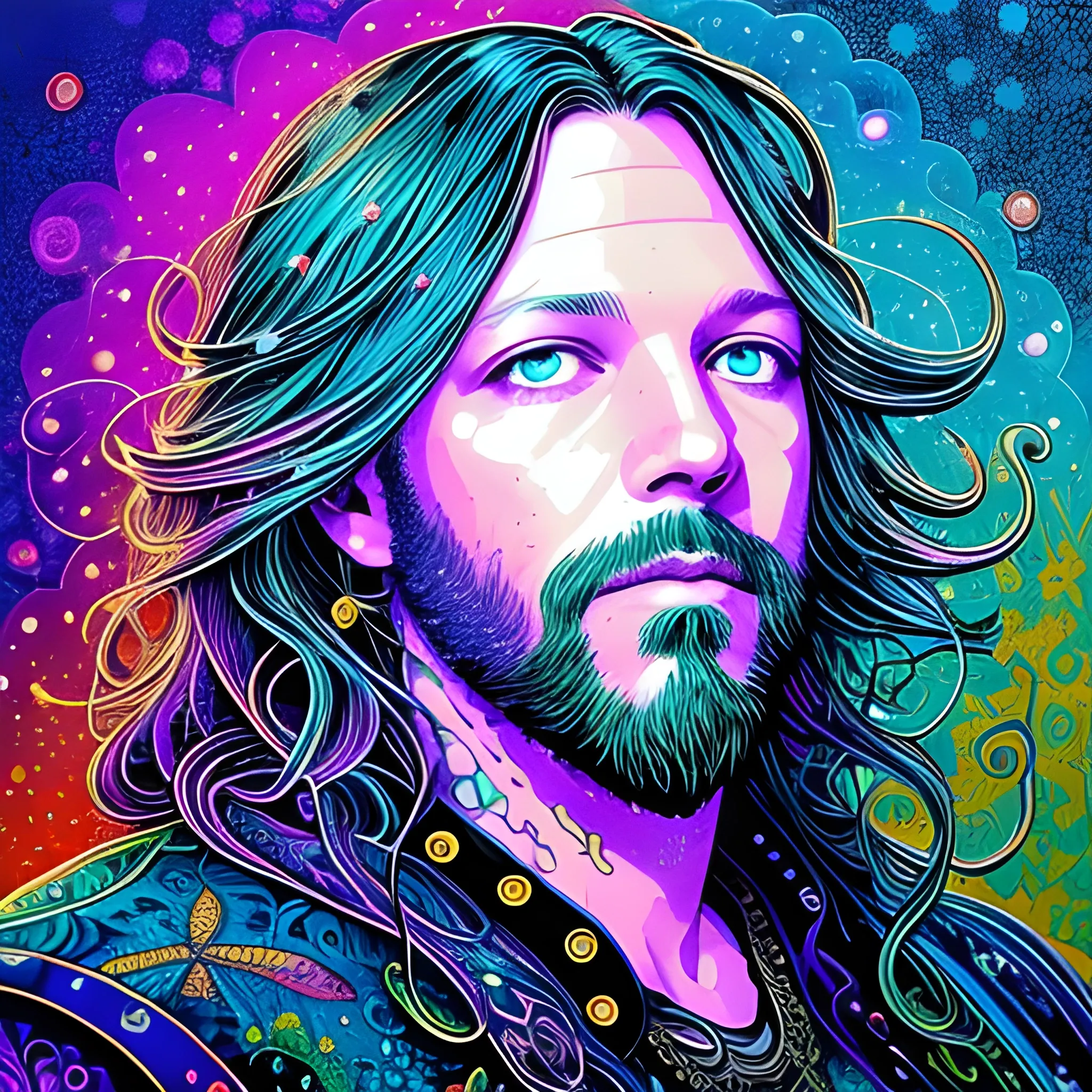 mixed media ink illustration Rich Robinson of The Black Crowes, meticulously detailed face, Rich Robinson, long hair, blue eyes, luminous colorful sparkles, by James R. Eads, Gawki, rajewel, DestinyBlue, Tania Rivilis, Dan Mumford, glitter, airbrush, pink, purple, teal, green, multi-hued