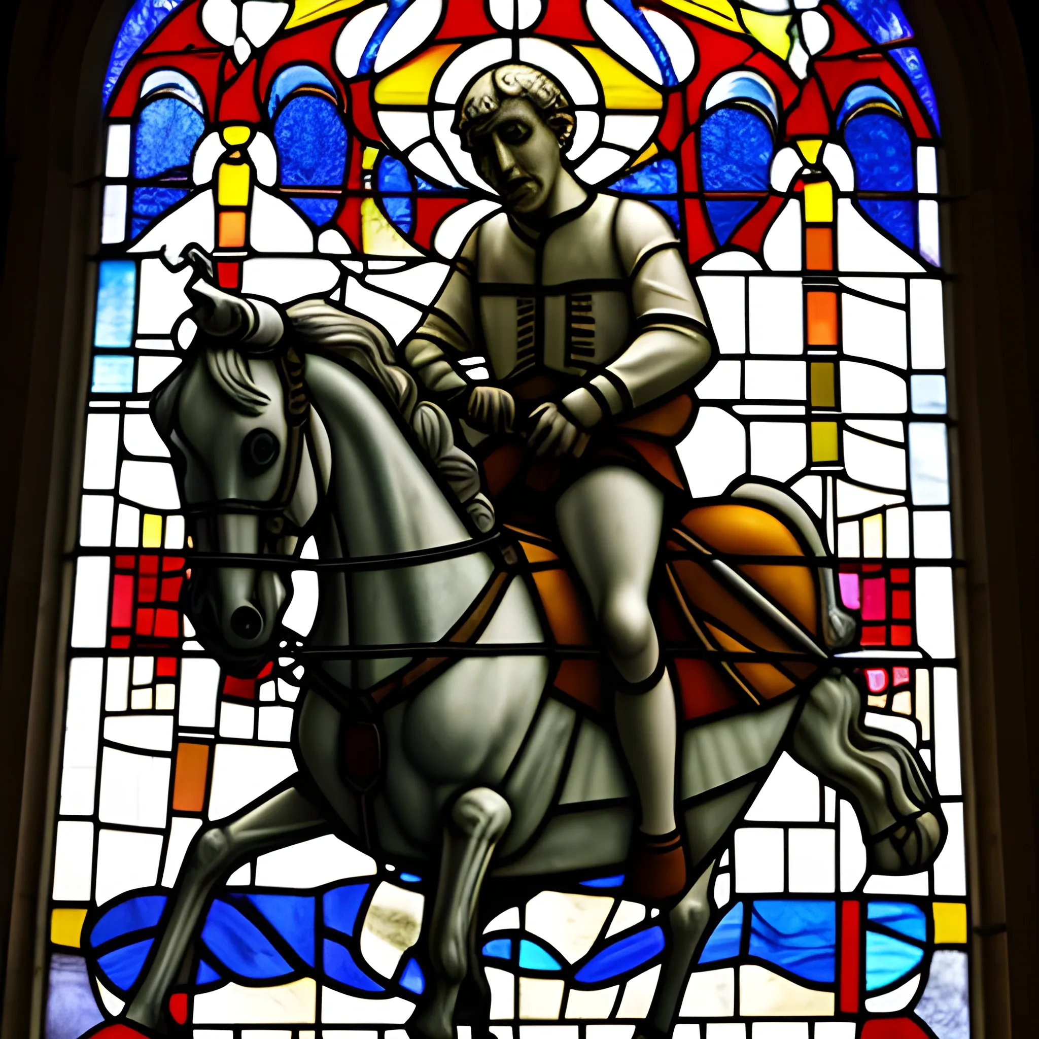 
Picasso riding the Guernica horse coming out of the stained glass window of the Burgos Cathedral