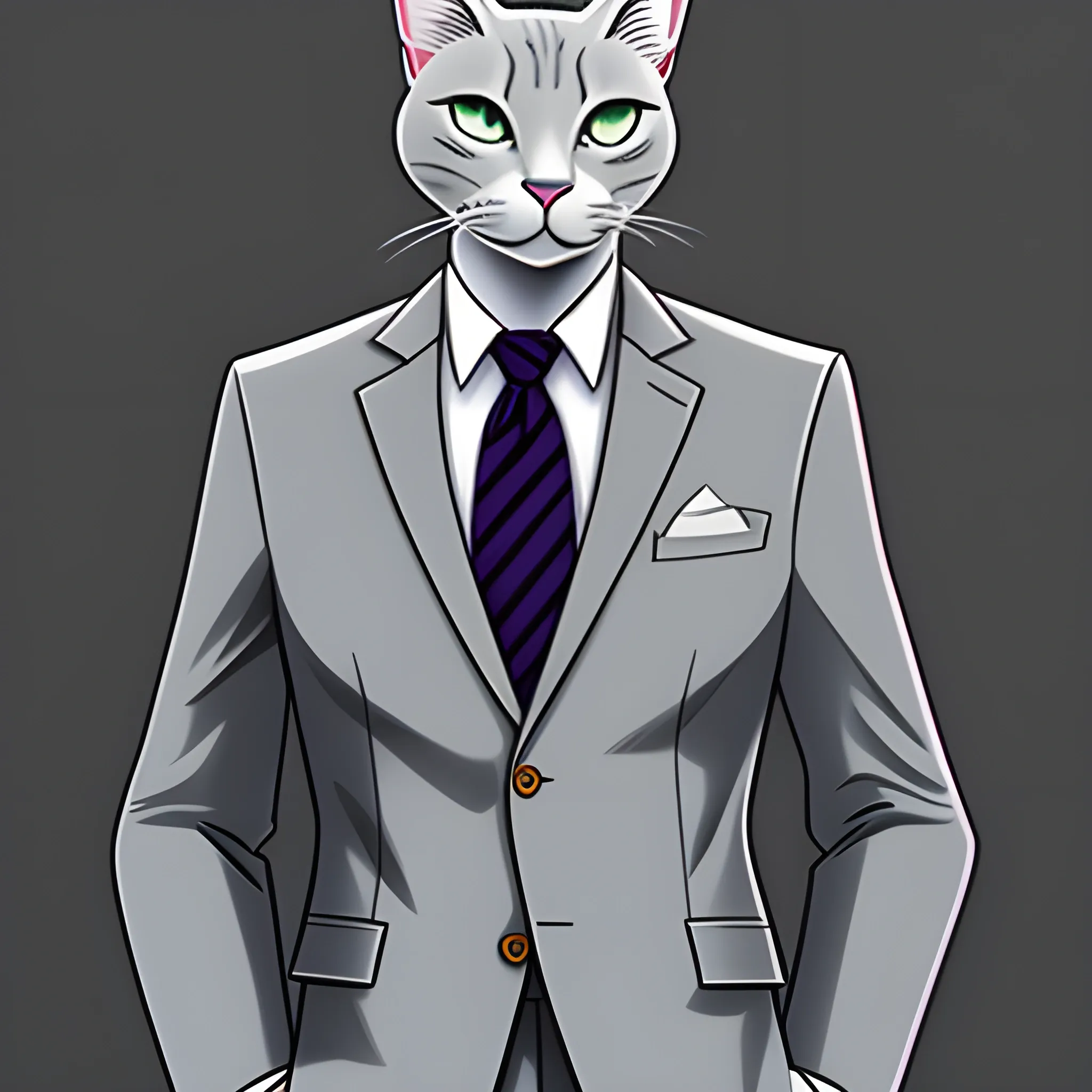 small grey cat with green eyes, Cartoon (comic book style), cat wearing a suit (undercover), detailed, silver age