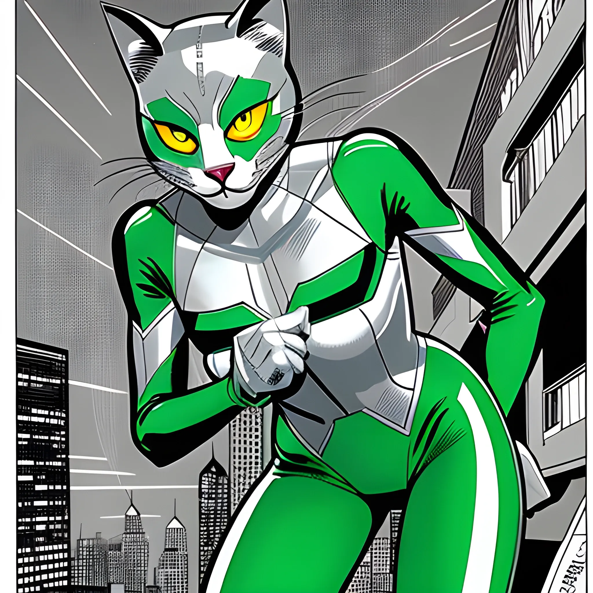 small grey cat with green eyes, Comic book style, cat wearing a supersuit (undercover), detailed, silver age