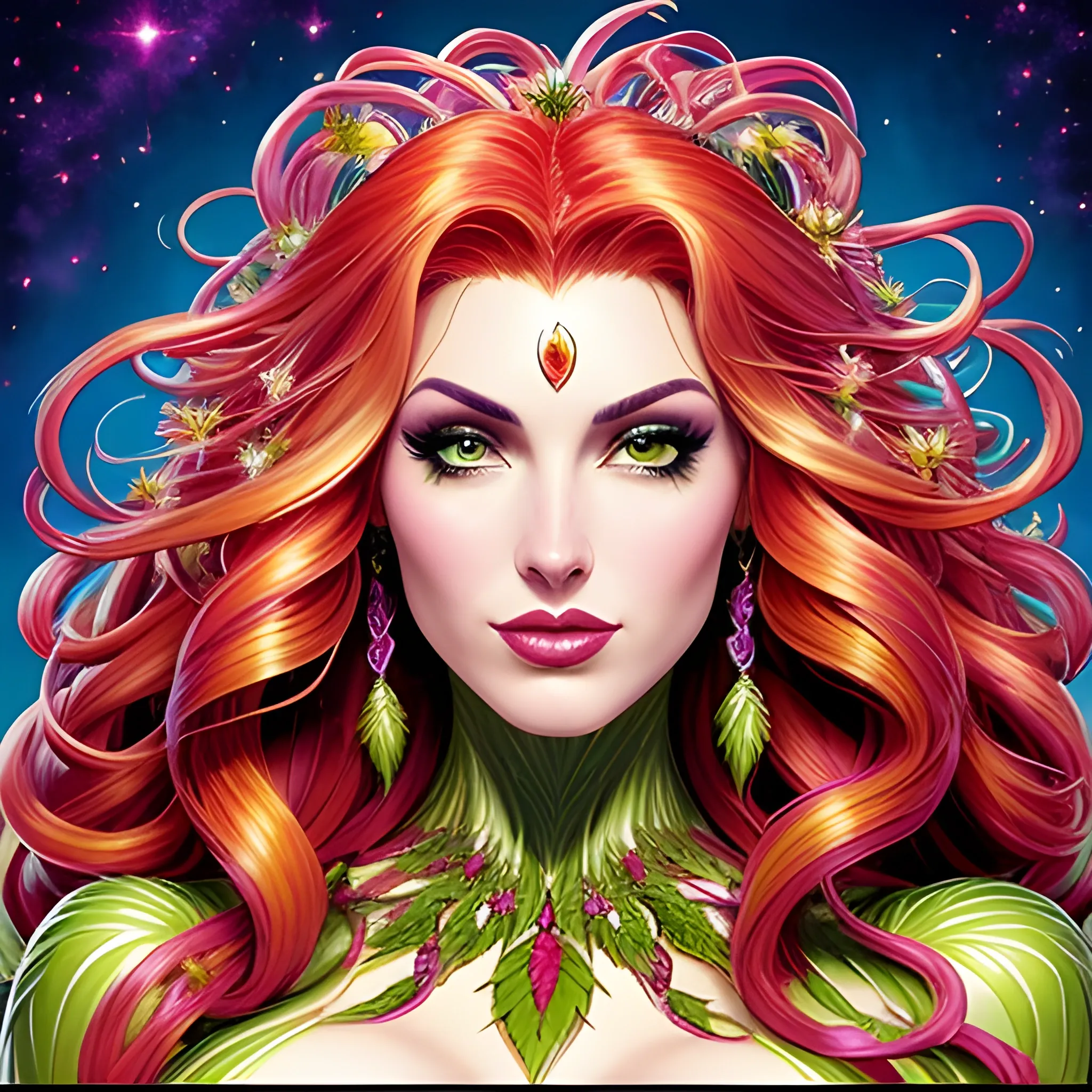 comic book version of young Strawberry Shortcake as a marijuana Goddess, pretty and highly detailed face, meticulously detailed multi-hued long curly red hair; surrounded by luminous color sparkles and marijuana plants, lemon slices; modern American; by Dan Parent art, Daniel Gerhartz, Lisa Frank, Sienkiewicz, Mucha, jim lee art; hyper-detailed, hyper-realistic, sharp focus; symmetrical face; textured shading, subtractive lighting, marijuana, lemons, pomegranate arils