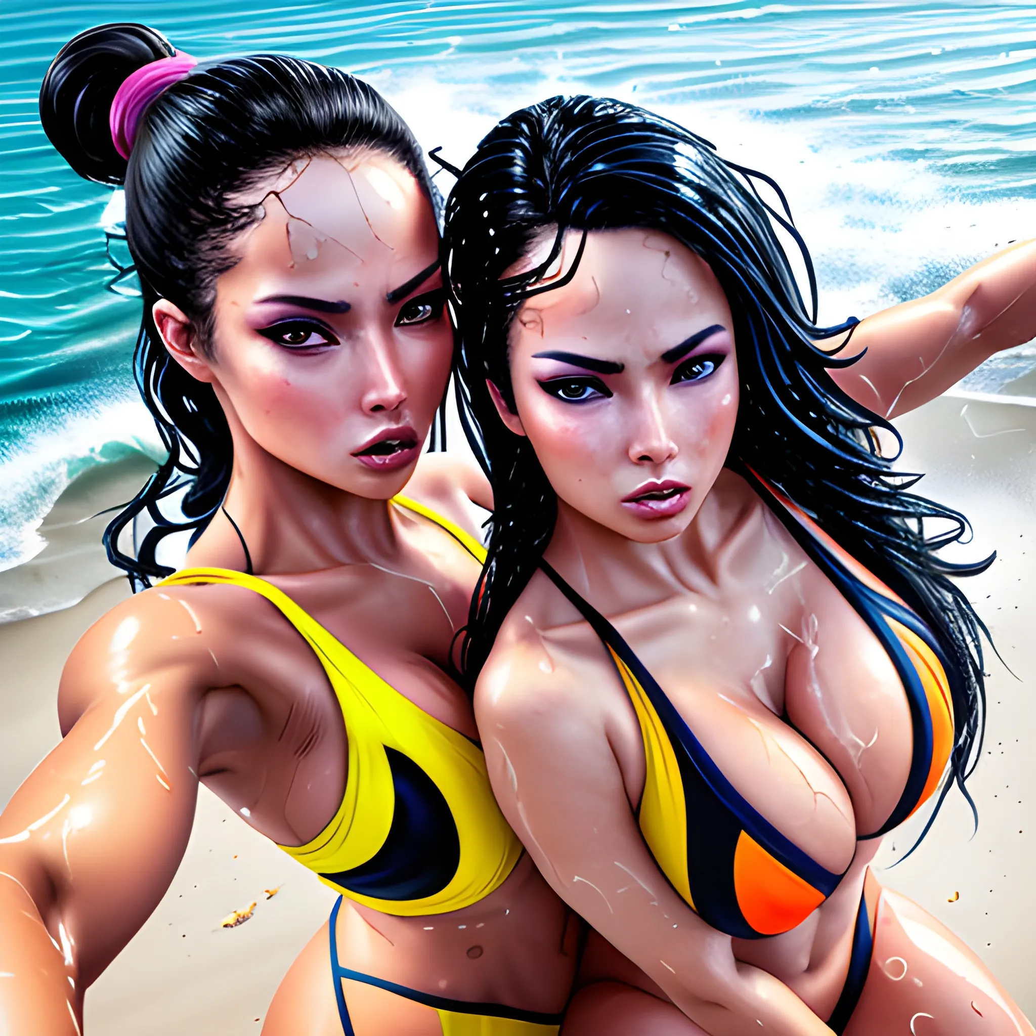 two hyper different latinas that are hyper photorealistic hyper dynamically different hyper beautiful hyper dynamic hyper hourglass figured hyper slim waist hyper big bosomed hyper busty hyper voluptuous hyper big booty massive thighs posing flirtatiously for selfie, wet tan skin, hyper dynamic one hand selfie aerial shot, Fantastic painting portrait masterpiece by Karol Bak, Zhaoming Wu, Akihito Yoshida, bokeh, beautiful hyper dynamic cleavage, hyper dynamically fondling, hyper lover dynamic, hyper dynamic, hyper perfect anatomy, hyper dynamic zoom, hyper enticing dynamic, hyper flirty dynamic, hyper dynamic one hand selfie aerial shot hyper flirtatiously dynamically posing for selfie pose, arched back dynamic, hyper flirty expressions dynamic, pressed together and dynamically touching each other, skin wet from swimming, hyper dynamic wet dark hair styles, shiny hair, hyper beautiful face, hyper realistic, hyper beautiful face, wearing hyper detailed hyper dynamic hyper revealing bright colored bikini, hyper detailed beach scene background, HD, 8k, photography