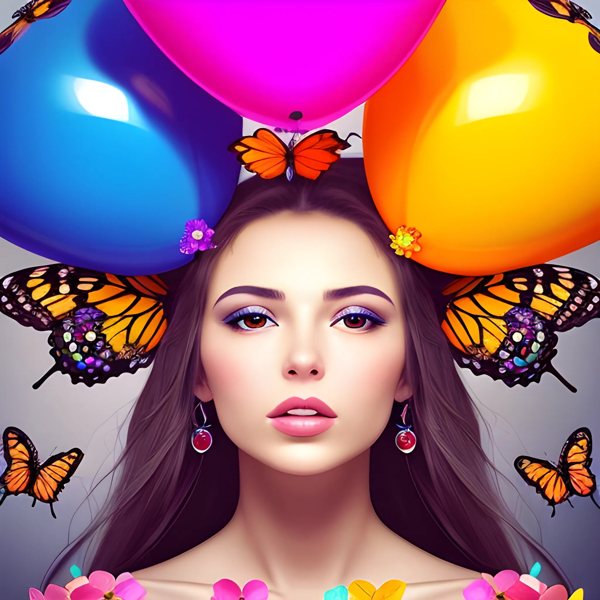 A beautiful woman, balloons, flowers and butterflies, colorful, ultimate high-definition photography