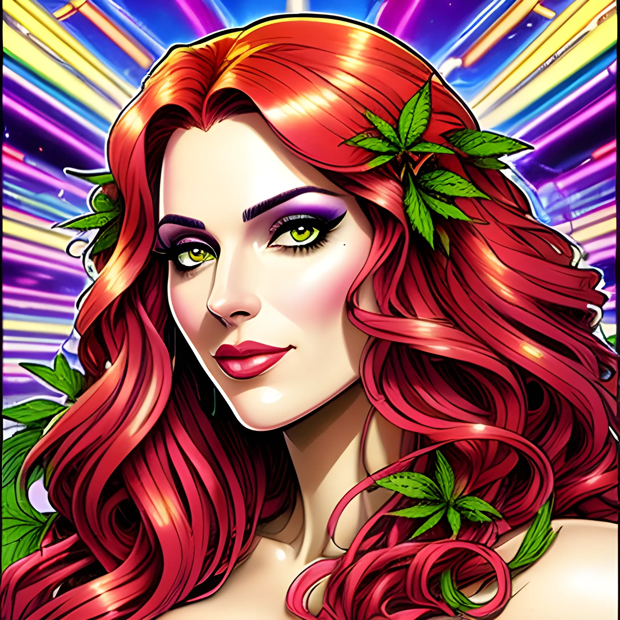 comic book version of young Strawberry Shortcake as a marijuana Goddess, pretty and highly detailed face, meticulously detailed multi-hued long curly red hair; surrounded by luminous color sparkles and marijuana plants, lemon slices; modern American; by Dan Parent art, Daniel Gerhartz, Lisa Frank, Sienkiewicz, Mucha, jim lee art; hyper-detailed, hyper-realistic, sharp focus; symmetrical face; textured shading, subtractive lighting, marijuana, lemons, pomegranate arils