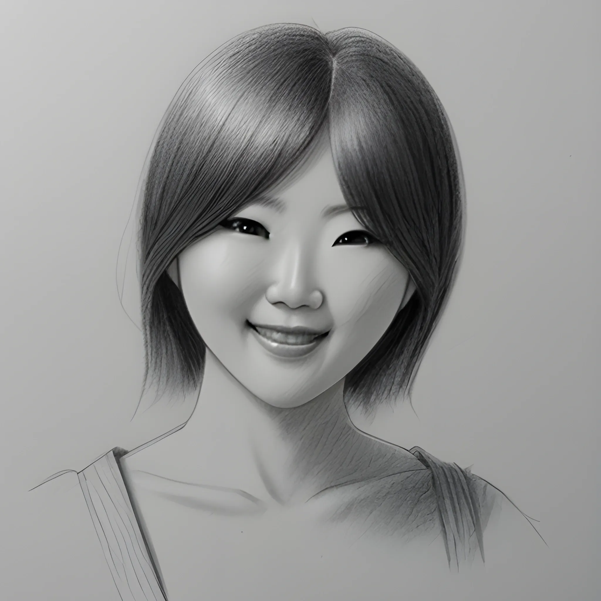 Korean Big Breasted Woman smiling , Pencil Sketch