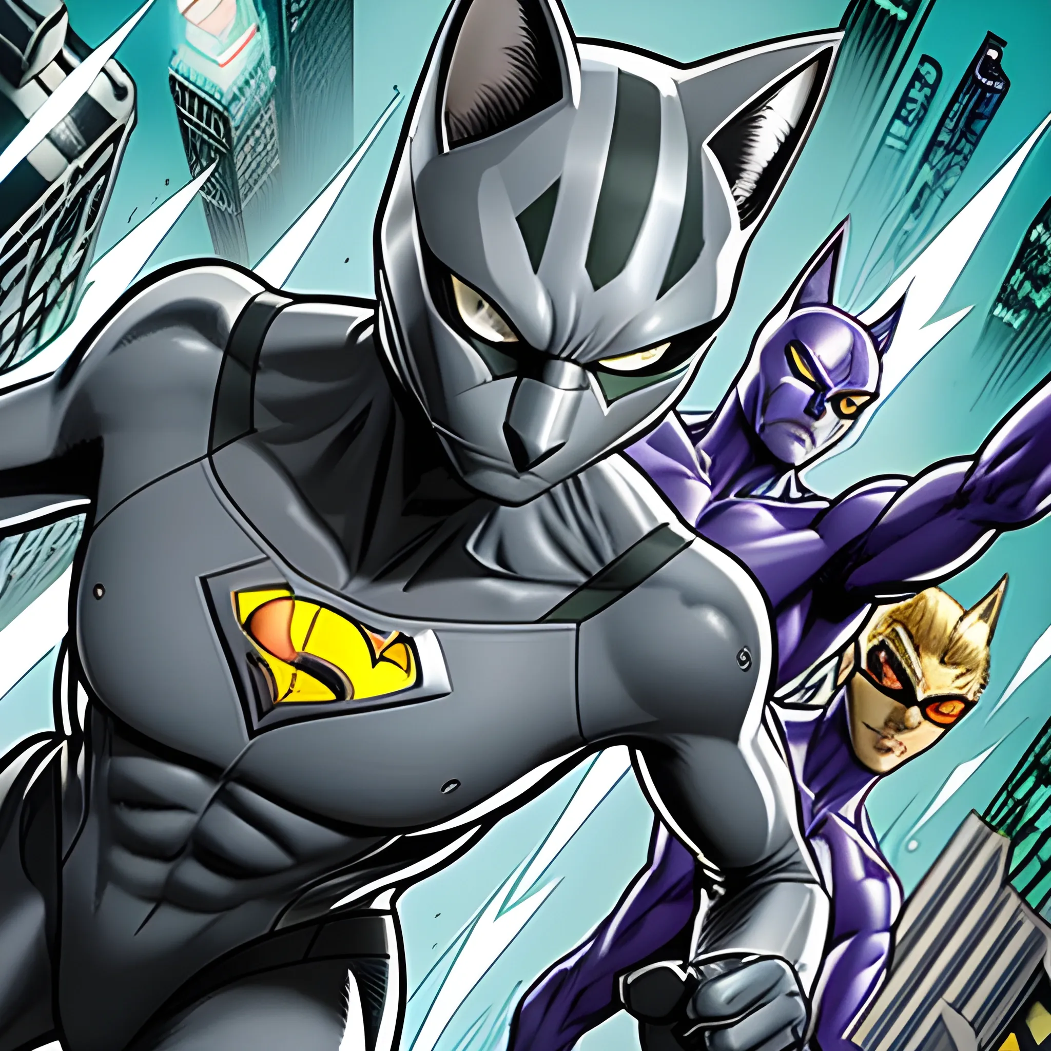 small grey cat with green eyes, Comic book style, cat wearing a supersuit (undercover), detailed, silver age [grey cat is saving a group of people from a villain]