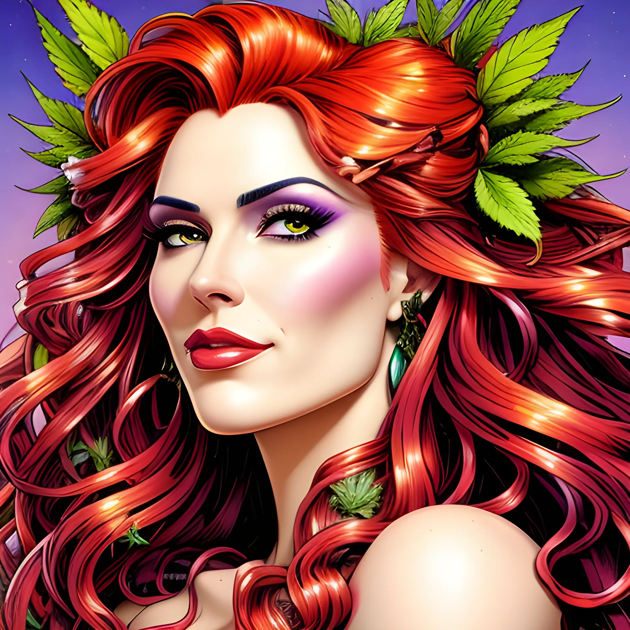 comic book version of young Strawberry Shortcake as a marijuana Goddess, pretty and highly detailed face, meticulously detailed multi-hued long curly red hair; surrounded by luminous color sparkles and marijuana plants, lemon slices; modern American; by Dan Parent art, Daniel Gerhartz, Lisa Frank, Sienkiewicz, Mucha, jim lee art; hyper-detailed, hyper-realistic, sharp focus; symmetrical face; textured shading, subtractive lighting, marijuana, lemons, pomegranate arils