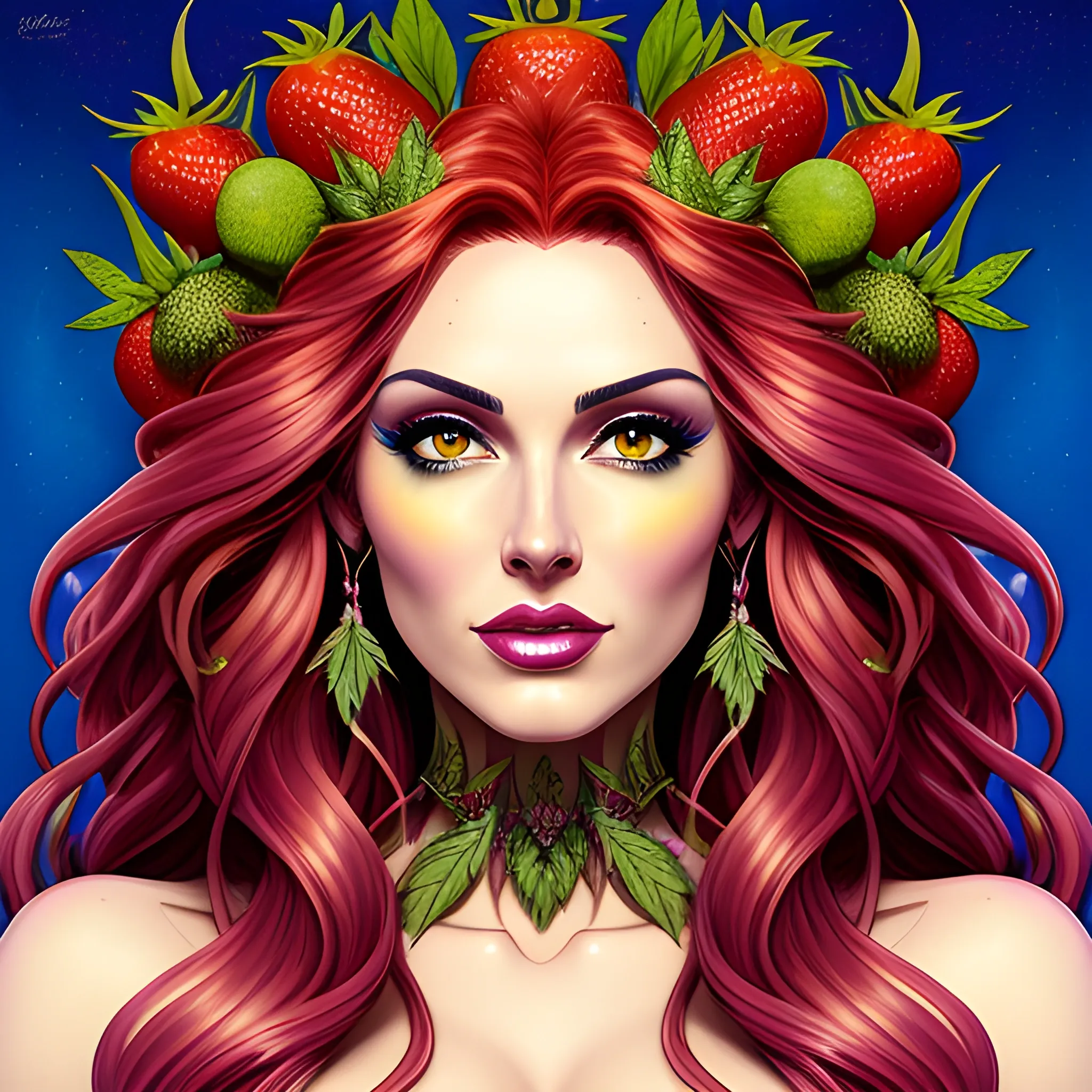 comic book version of young Strawberry Shortcake as a marijuana Goddess, pretty and highly detailed face, meticulously detailed multi-hued long curly red hair; surrounded by luminous color sparkles and marijuana plants, lemon slices; modern American; by Dan Parent art, Daniel Gerhartz, Lisa Frank, Sienkiewicz, Mucha, jim lee art; hyper-detailed, hyper-realistic, sharp focus; symmetrical face; textured shading, subtractive lighting, marijuana, lemons, pomegranate arils