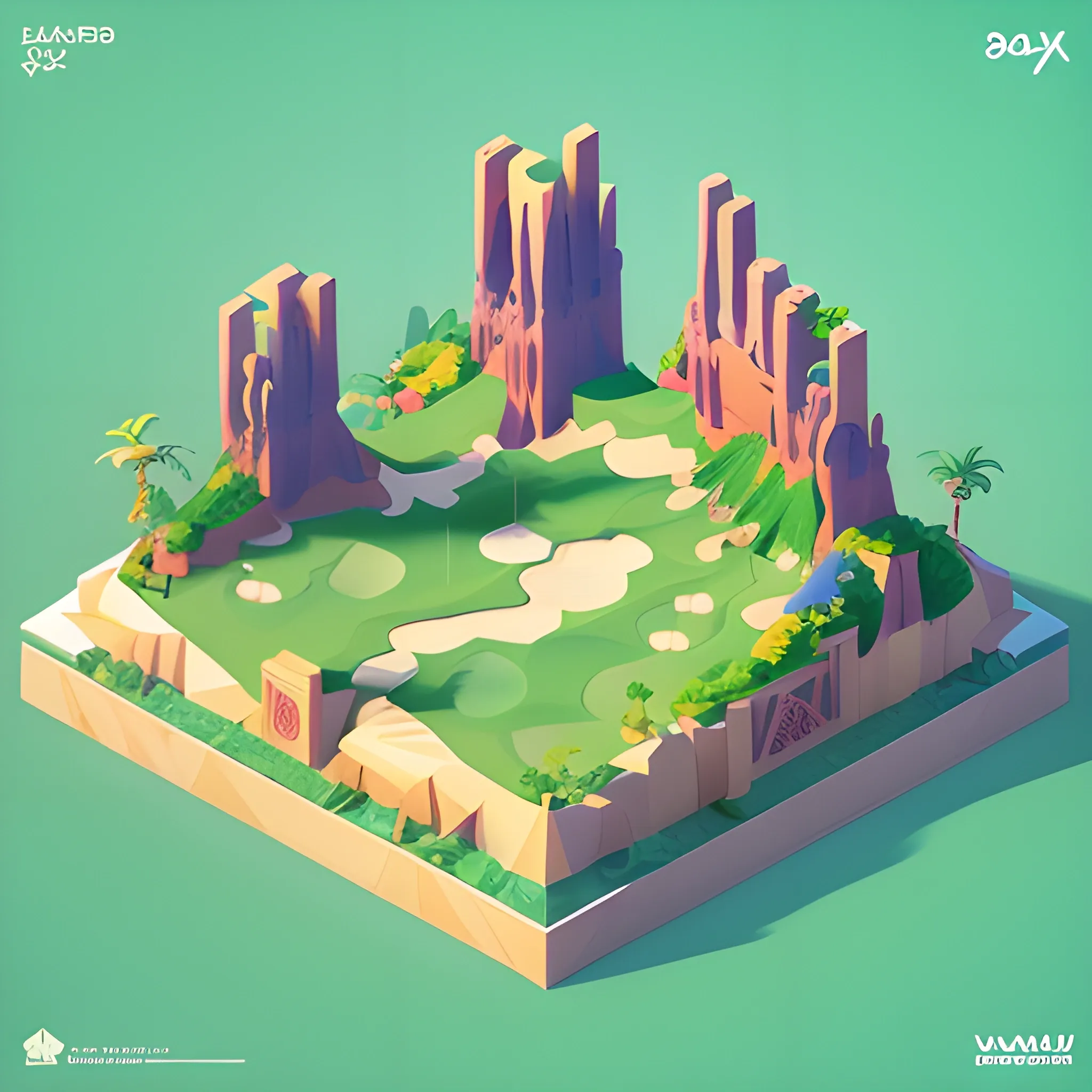 a low poly isometric render of tropical golf course in the style of monument valley, floral!, intricate, elegant, smooth shading, soft lighting, illustration, simple, solid shapes, by magali villeneuve, jeremy lipkin and michael garmash, rob rey and kentaro miura style, octane render