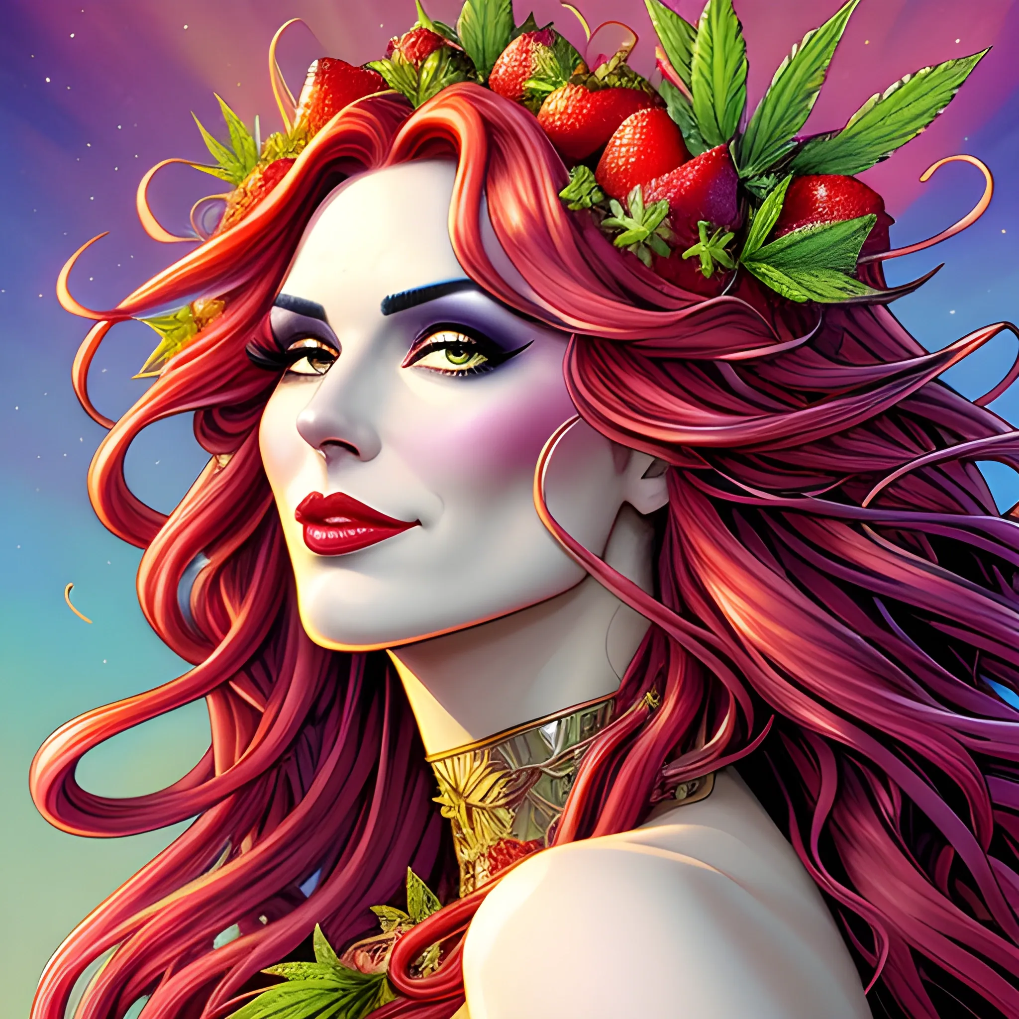 comic book version of young Strawberry Shortcake as a marijuana Goddess, pretty and highly detailed face, meticulously detailed multi-hued long curly red hair; surrounded by luminous color sparkles and marijuana plants, lemon slices; modern American; by Dan Parent art, Daniel Gerhartz, Lisa Frank, Sienkiewicz, Mucha, jim lee art; hyper-detailed, hyper-realistic, sharp focus; symmetrical face; textured shading, subtractive lighting, marijuana, lemons, pomegranate arils