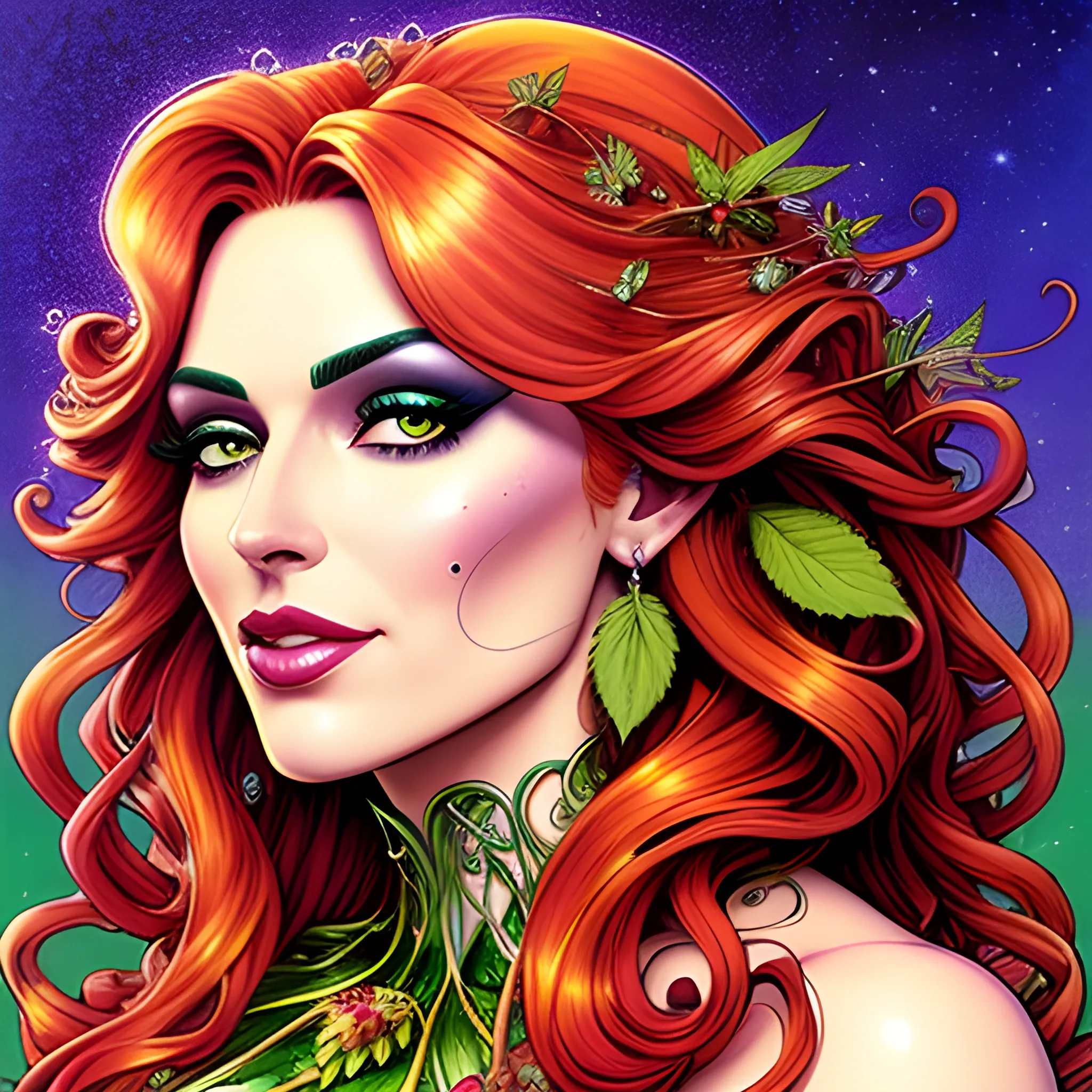 comic book version of young Strawberry Shortcake as a marijuana Goddess, pretty and highly detailed face, meticulously detailed multi-hued long curly red hair; surrounded by luminous color sparkles and marijuana plants, lemon slices; modern American; by Dan Parent art, Daniel Gerhartz, Lisa Frank, Sienkiewicz, Mucha, jim lee art; hyper-detailed, hyper-realistic, sharp focus; symmetrical face; textured shading, subtractive lighting, marijuana, lemons, pomegranate arils