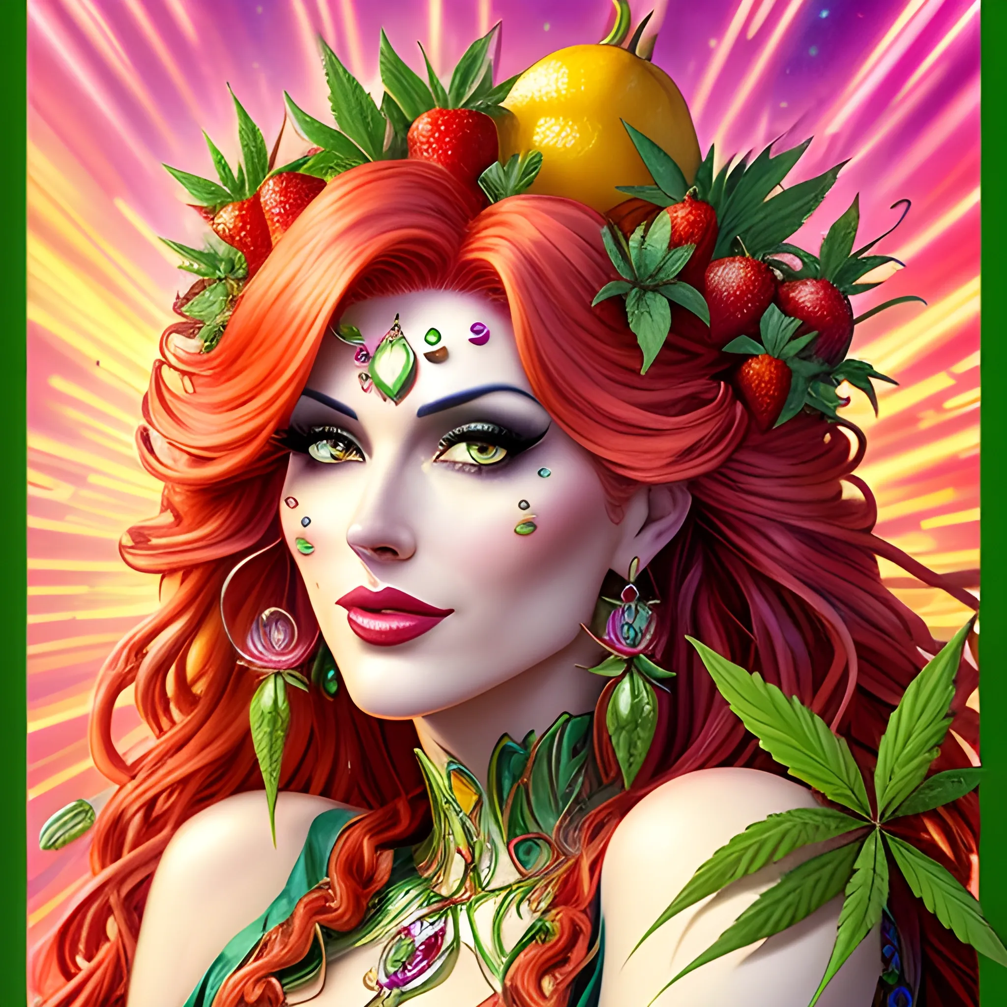 comic book version of young Strawberry Shortcake as a marijuana Goddess, pretty and highly detailed face, meticulously detailed multi-hued long curly red hair; surrounded by luminous color sparkles and marijuana plants, lemon slices; modern American; by Dan Parent art, Daniel Gerhartz, Lisa Frank, Sienkiewicz, Mucha, jim lee art; hyper-detailed, hyper-realistic, sharp focus; symmetrical face; textured shading, subtractive lighting, marijuana, lemons, pomegranate arils