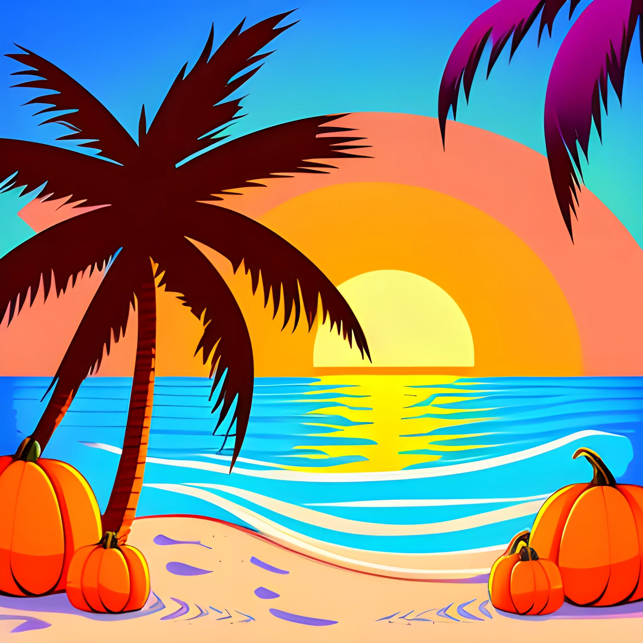 cartoon 2d retro sunset at the beach with palm trees and pumpkins, Cartoon