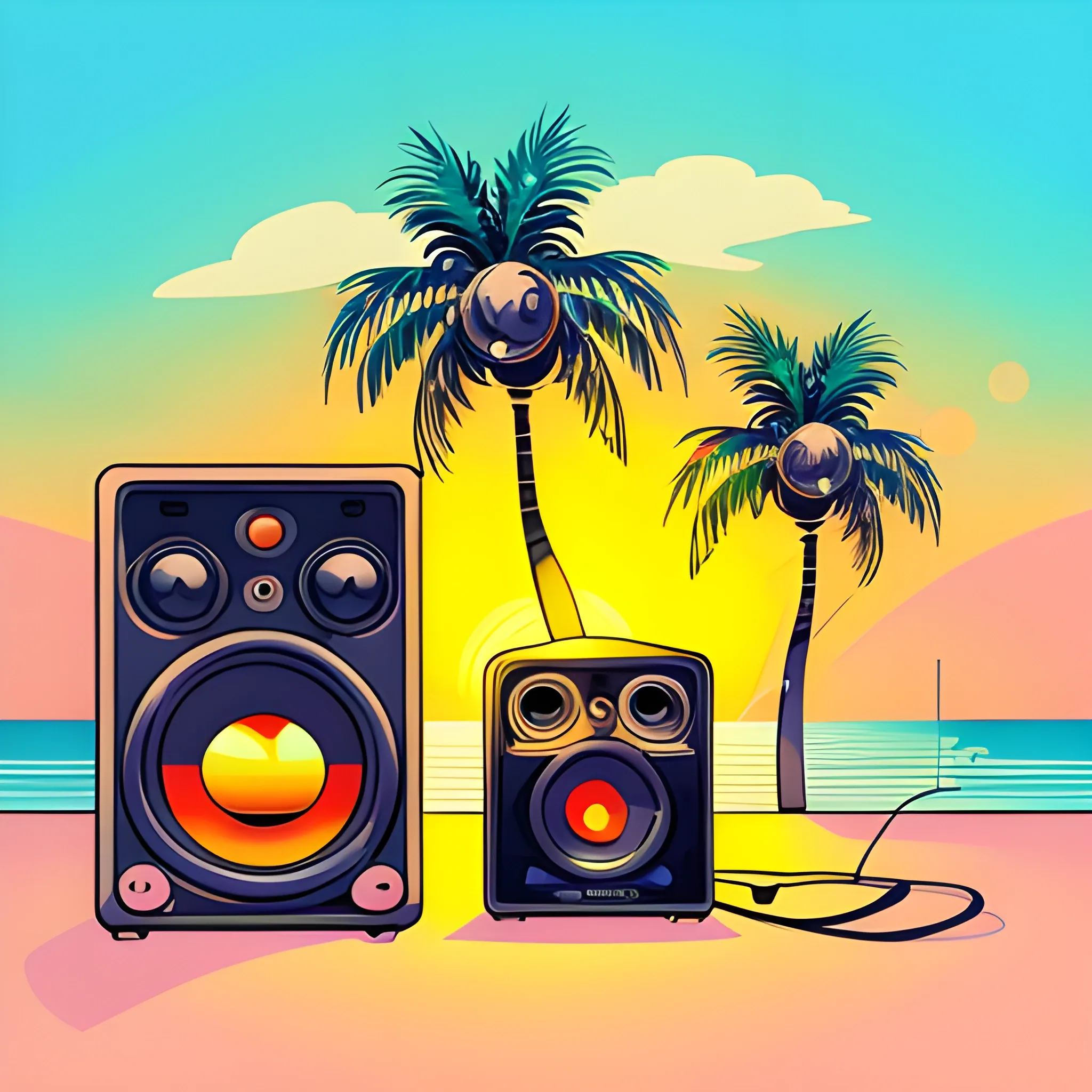 2d retro sunset at the beach with palm trees and speakers, Cartoon