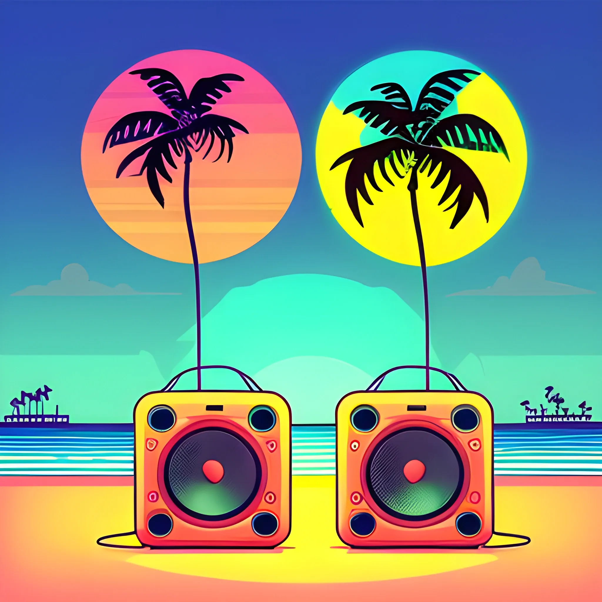 2d retro sunset at the beach with palm trees speakers, Cartoon, neon sign, Trippy