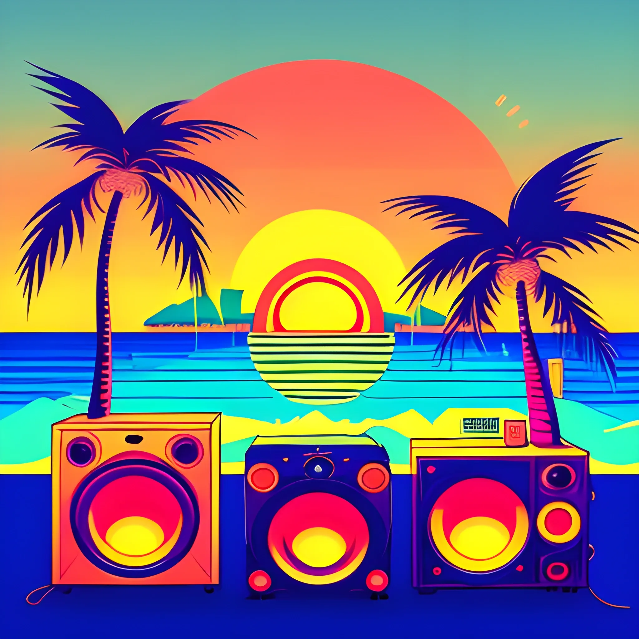 retro, neon, cartoon, trippy, beach, sunset, palm trees, speakers, maple leaves