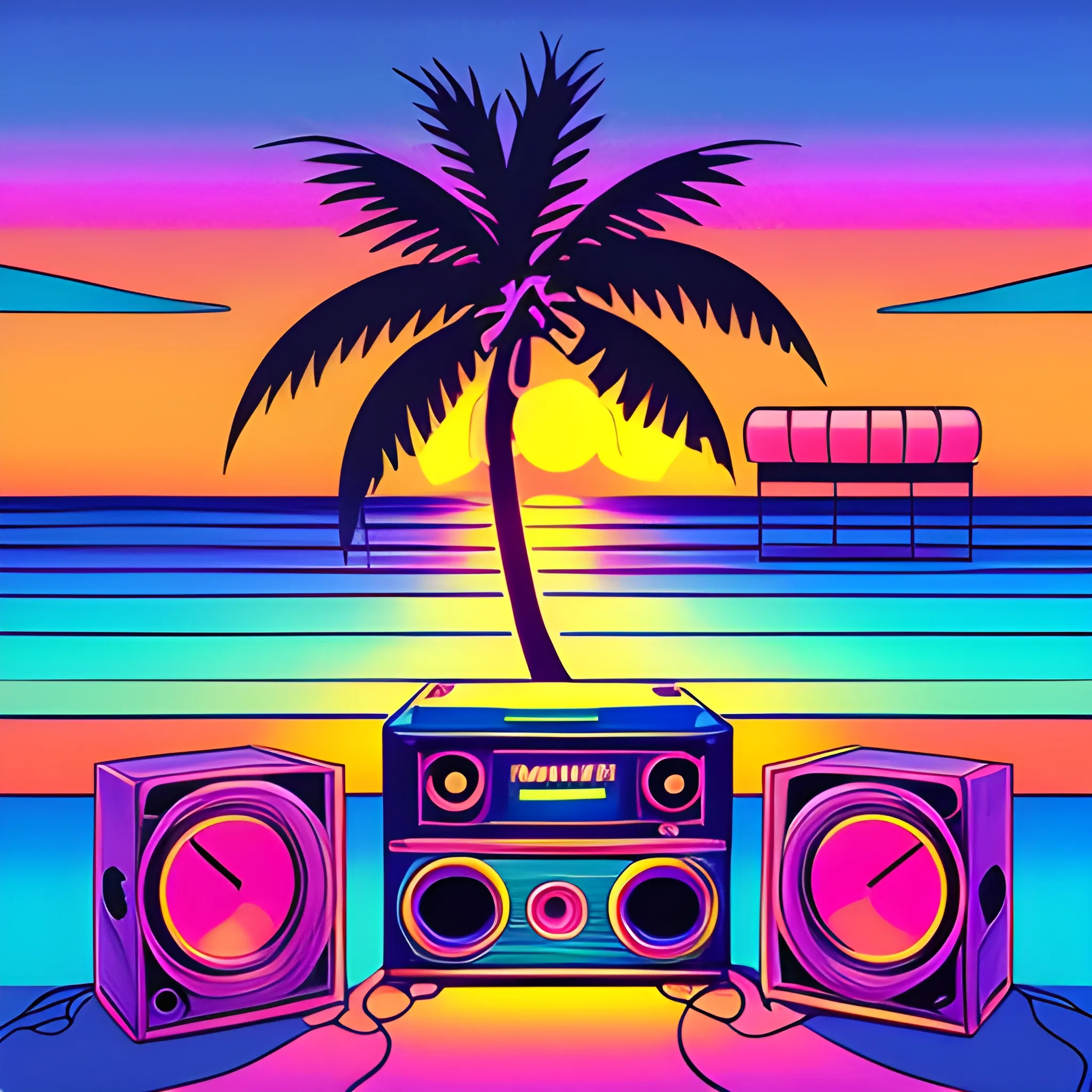 retro, neon, cartoon, trippy, beach, sunset, palm trees, speakers, cold