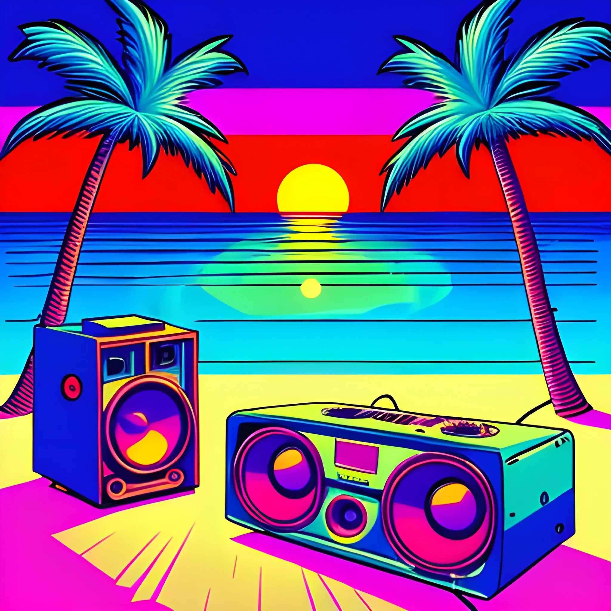 retro, neon, cartoon, trippy, beach, sunset, palm trees, speakers, cold, Trippy