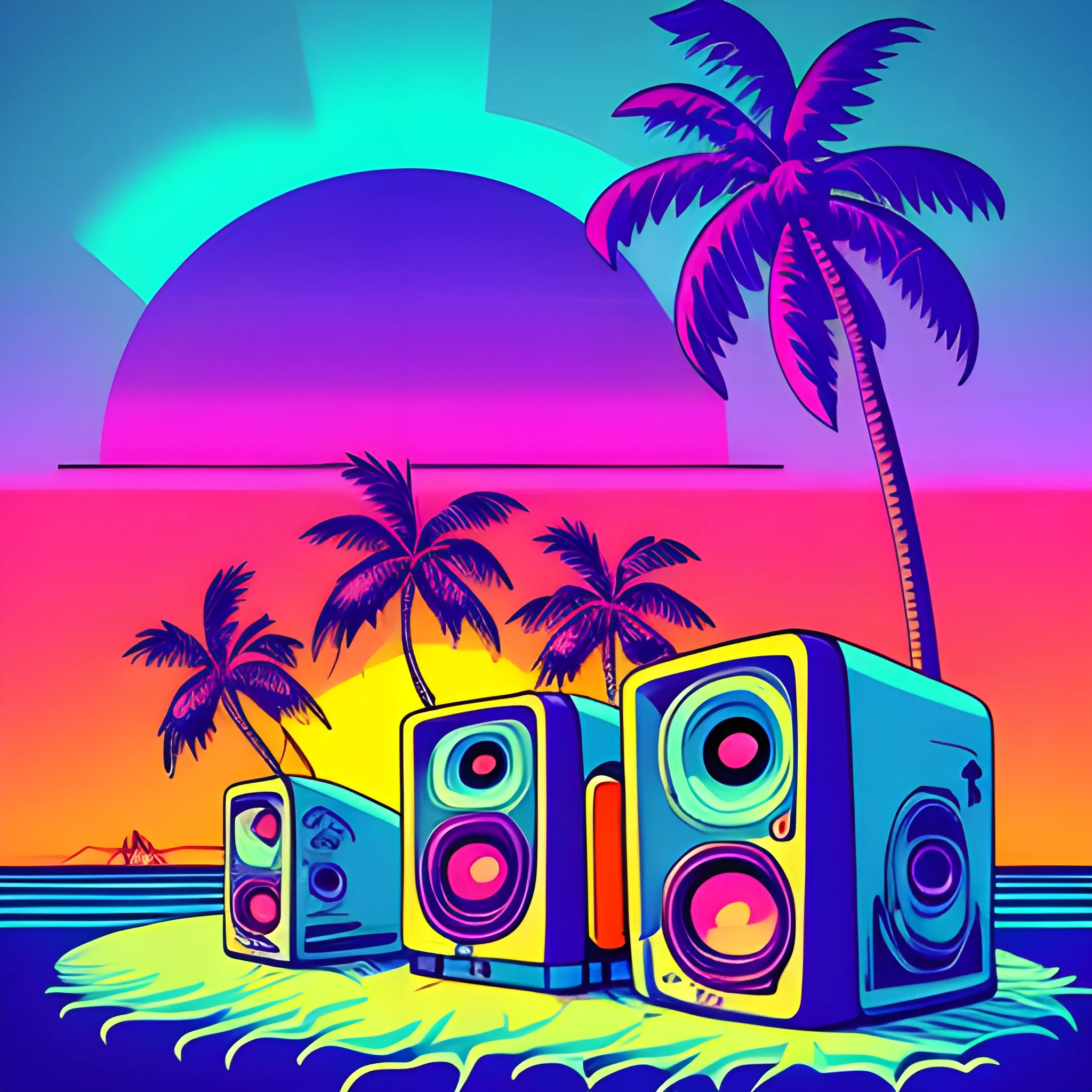 retro, neon, cartoon, trippy, beach, sunset, palm trees, speakers, cold, Trippy, poster