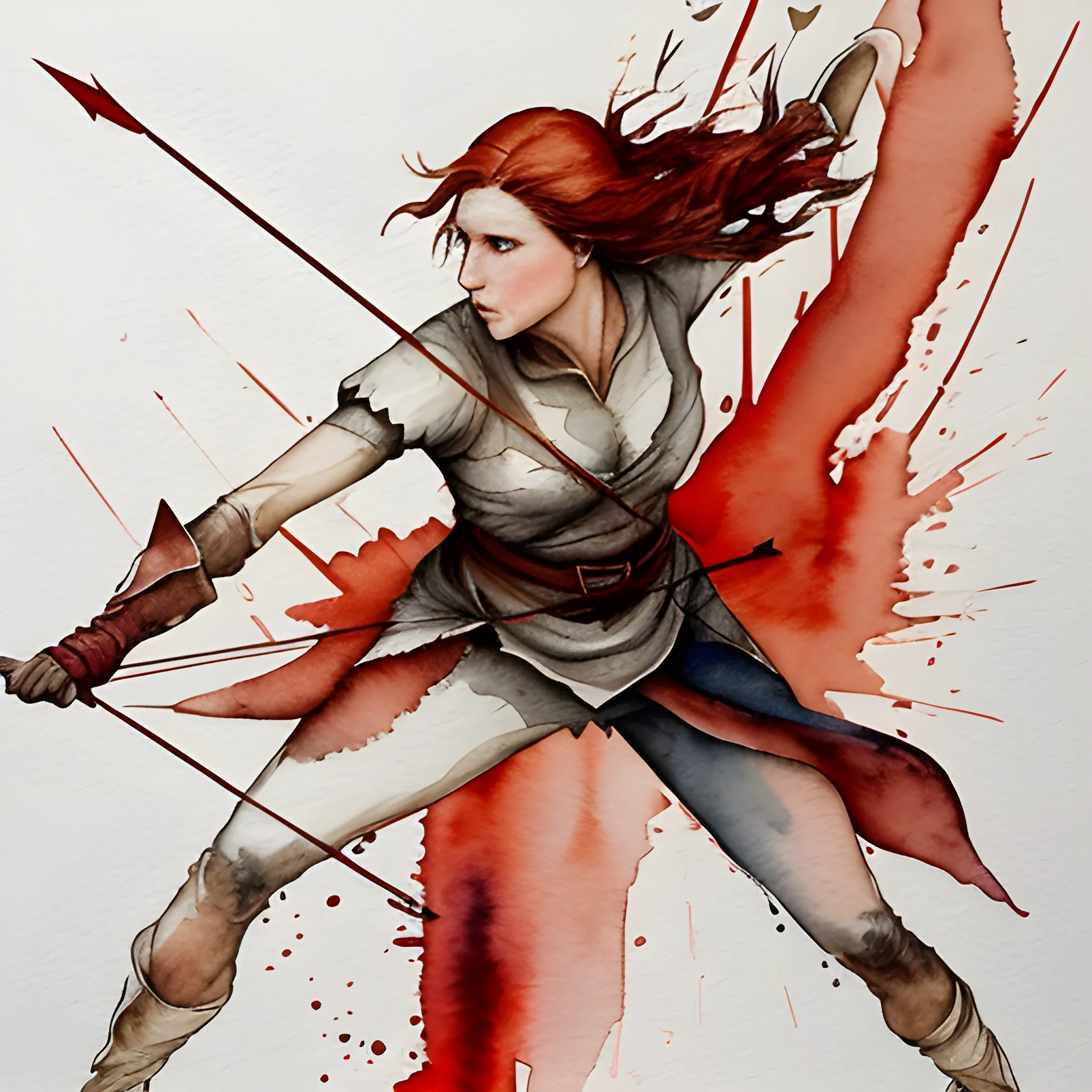Create a watercolor painting of a woman dodging arrows in an artistic style. The drawing should be predominantly in shades of red. The woman should be dodging arrows flying towards her from different directions. Make her expression reflect determination and bravery as she avoids the arrows. The scene should convey a sense of action and dange