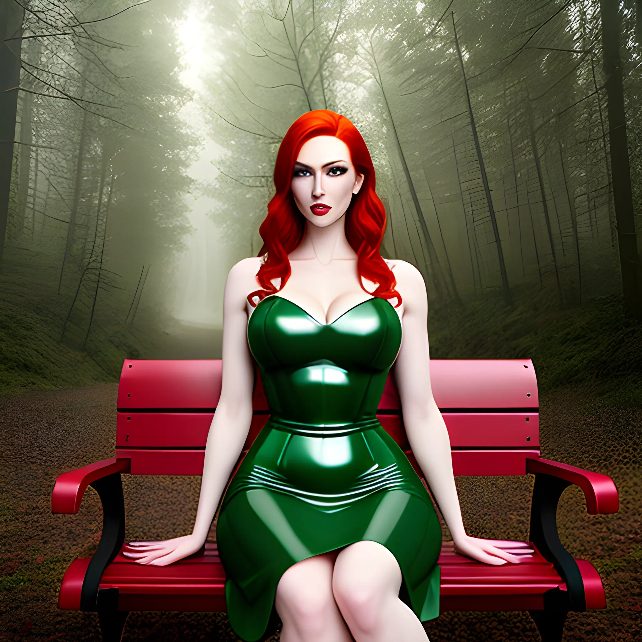 Create a photorealistic image of a young redhead woman with light green eyes and pale skin, wearing a dark red latex dress and sitting on a park bench. Chest visible, chest naked, whole body visible. In the background a gloomy forest in moonlight. High level of detail