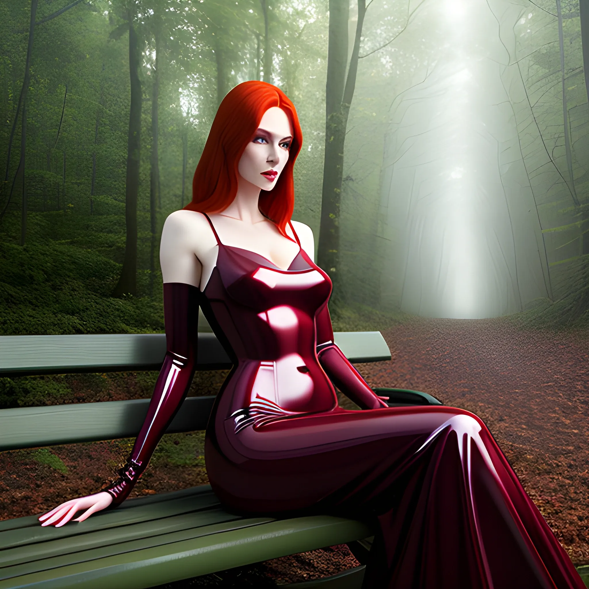 Create a photorealistic image of a young redhead woman with light green eyes and pale skin, wearing a dark red latex dress and sitting on a park bench. Chest visible, chest naked, whole body visible. In the background a gloomy forest in moonlight. High level of detail
