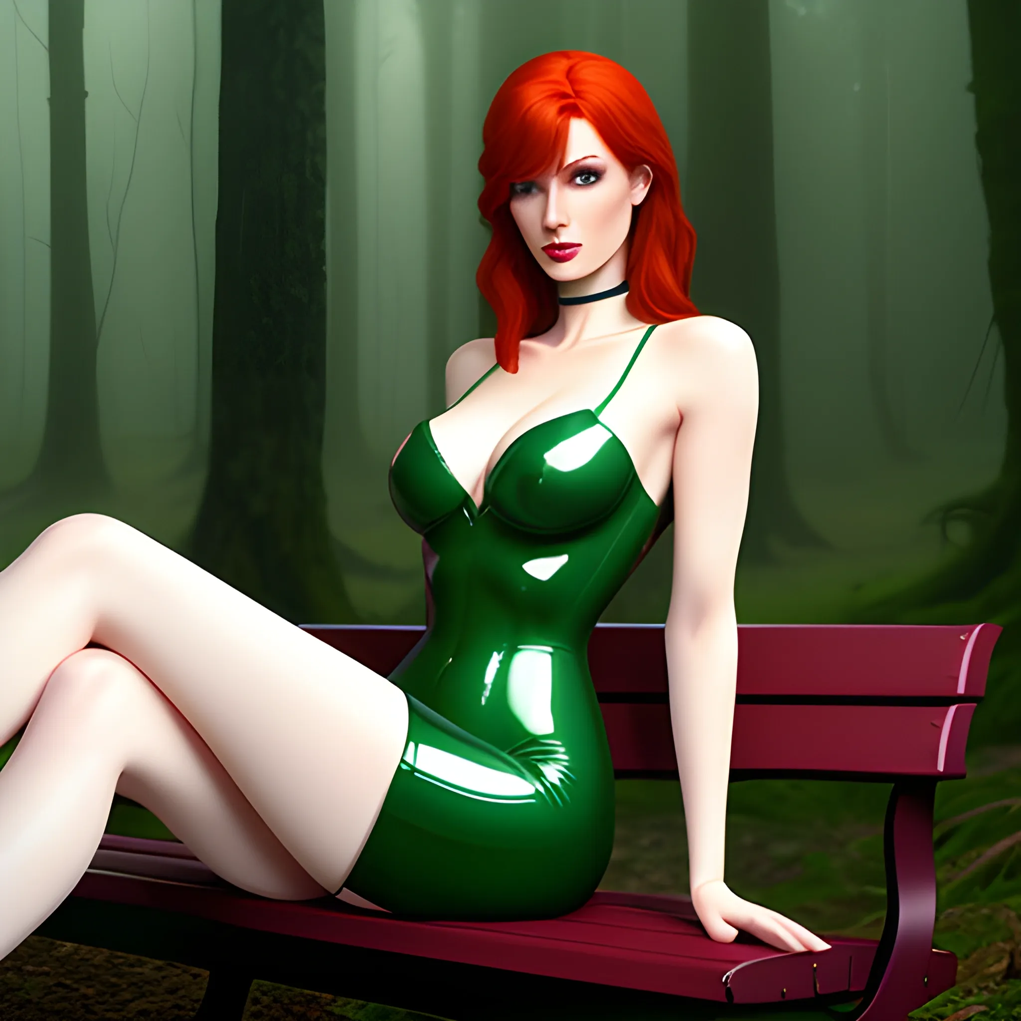 Create a photorealistic image of a young redhead woman with light green eyes and pale skin, wearing a dark red latex dress and sitting on a park bench. Chest visible, chest naked, whole body visible. In the background a gloomy forest in moonlight. High level of detail, Cartoon