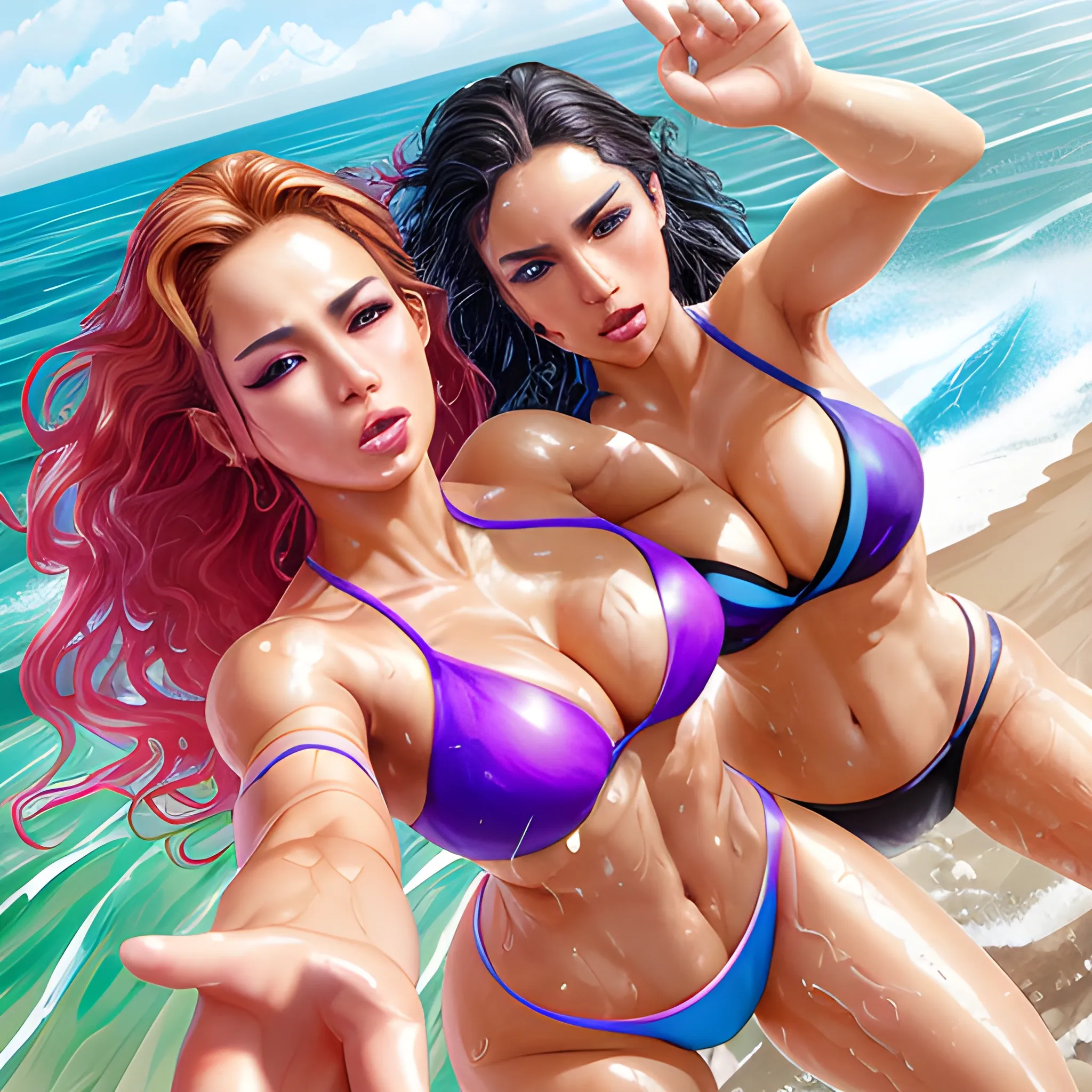 two hyper different latinas that are hyper photorealistic hyper dynamically different hyper beautiful hyper dynamic hyper hourglass figured hyper slim waist hyper big bosomed hyper busty hyper voluptuous hyper big booty massive thighs posing flirtatiously for selfie, wet tan skin, hyper dynamic one hand selfie aerial shot, Fantastic painting portrait masterpiece by Karol Bak, Zhaoming Wu, Akihito Yoshida, bokeh, beautiful hyper dynamic cleavage, hyper dynamically fondling, hyper lover dynamic, hyper dynamic, hyper perfect anatomy, hyper dynamic zoom, hyper enticing dynamic, hyper flirty dynamic, hyper dynamic one hand selfie aerial shot hyper flirtatiously dynamically posing for selfie pose, arched back dynamic, hyper flirty expressions dynamic, pressed together and dynamically touching each other, skin wet from swimming, hyper dynamic wet dark hair styles, shiny hair, hyper beautiful face, hyper realistic, hyper beautiful face, wearing hyper detailed hyper dynamic hyper revealing bright colored bikini, hyper detailed beach scene background, HD, 8k, photography