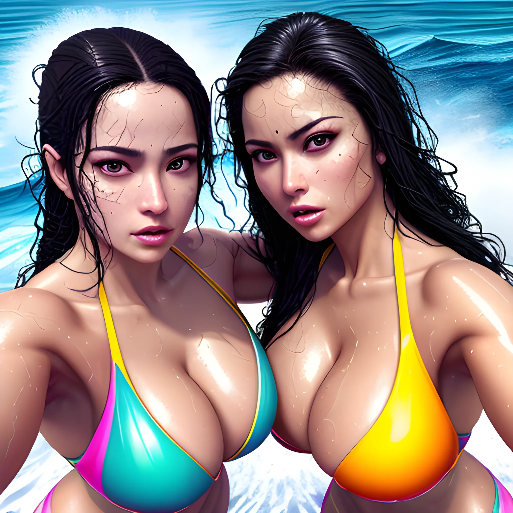 two hyper different latinas that are hyper photorealistic hyper dynamically different hyper beautiful hyper dynamic hyper hourglass figured hyper slim waist hyper big bosomed hyper busty hyper voluptuous hyper big booty massive thighs posing flirtatiously for selfie, wet tan skin, hyper dynamic one hand selfie aerial shot, Fantastic painting portrait masterpiece by Karol Bak, Zhaoming Wu, Akihito Yoshida, bokeh, beautiful hyper dynamic cleavage, hyper dynamically fondling, hyper lover dynamic, hyper dynamic, hyper perfect anatomy, hyper dynamic zoom, hyper enticing dynamic, hyper flirty dynamic, hyper dynamic one hand selfie aerial shot hyper flirtatiously dynamically posing for selfie pose, arched back dynamic, hyper flirty expressions dynamic, pressed together and dynamically touching each other, skin wet from swimming, hyper dynamic wet dark hair styles, shiny hair, hyper beautiful face, hyper realistic, hyper beautiful face, wearing hyper detailed hyper dynamic hyper revealing bright colored bikini, hyper detailed beach scene background, HD, 8k, photography