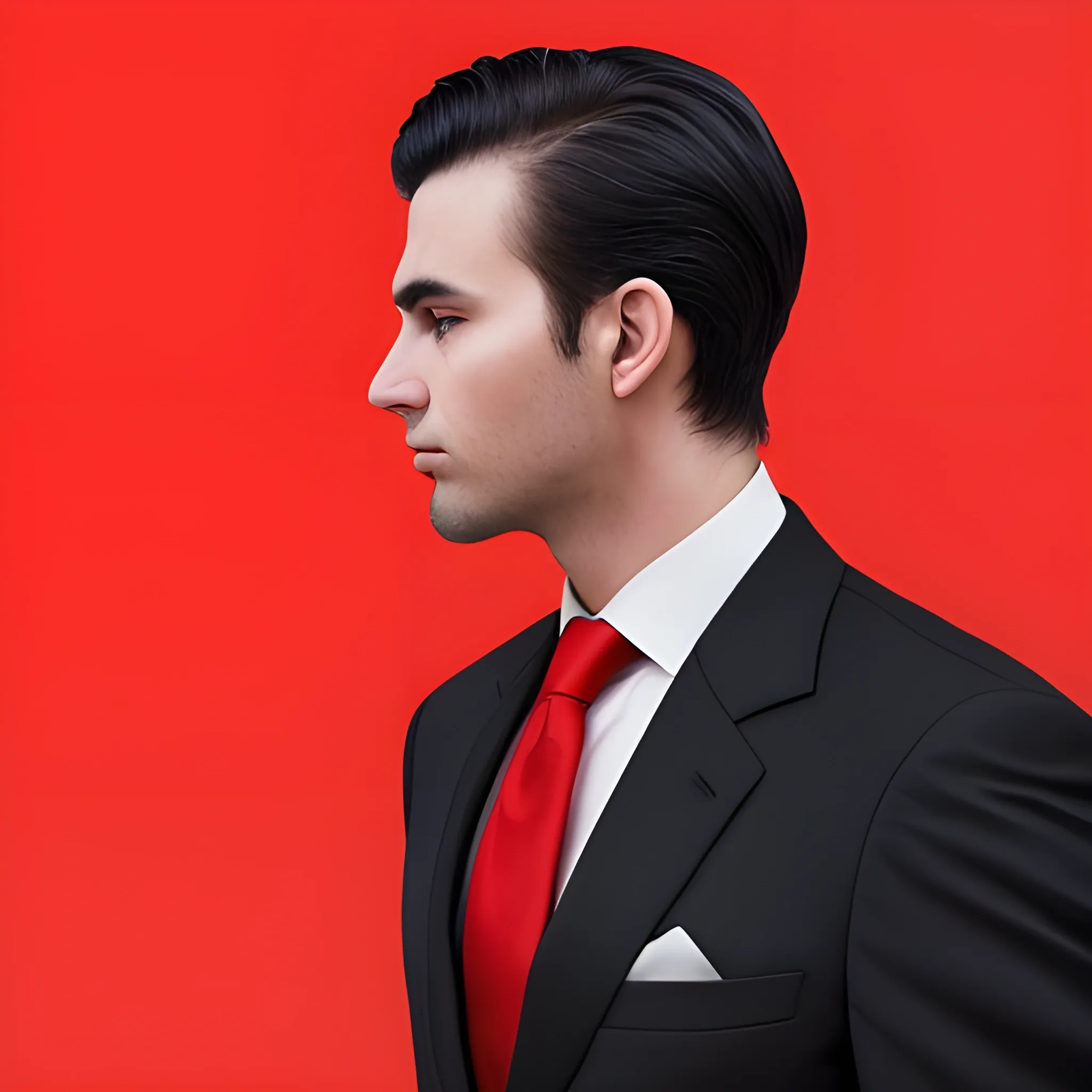 businessman in full-black-suit with red-tie, profile photo, dark colours