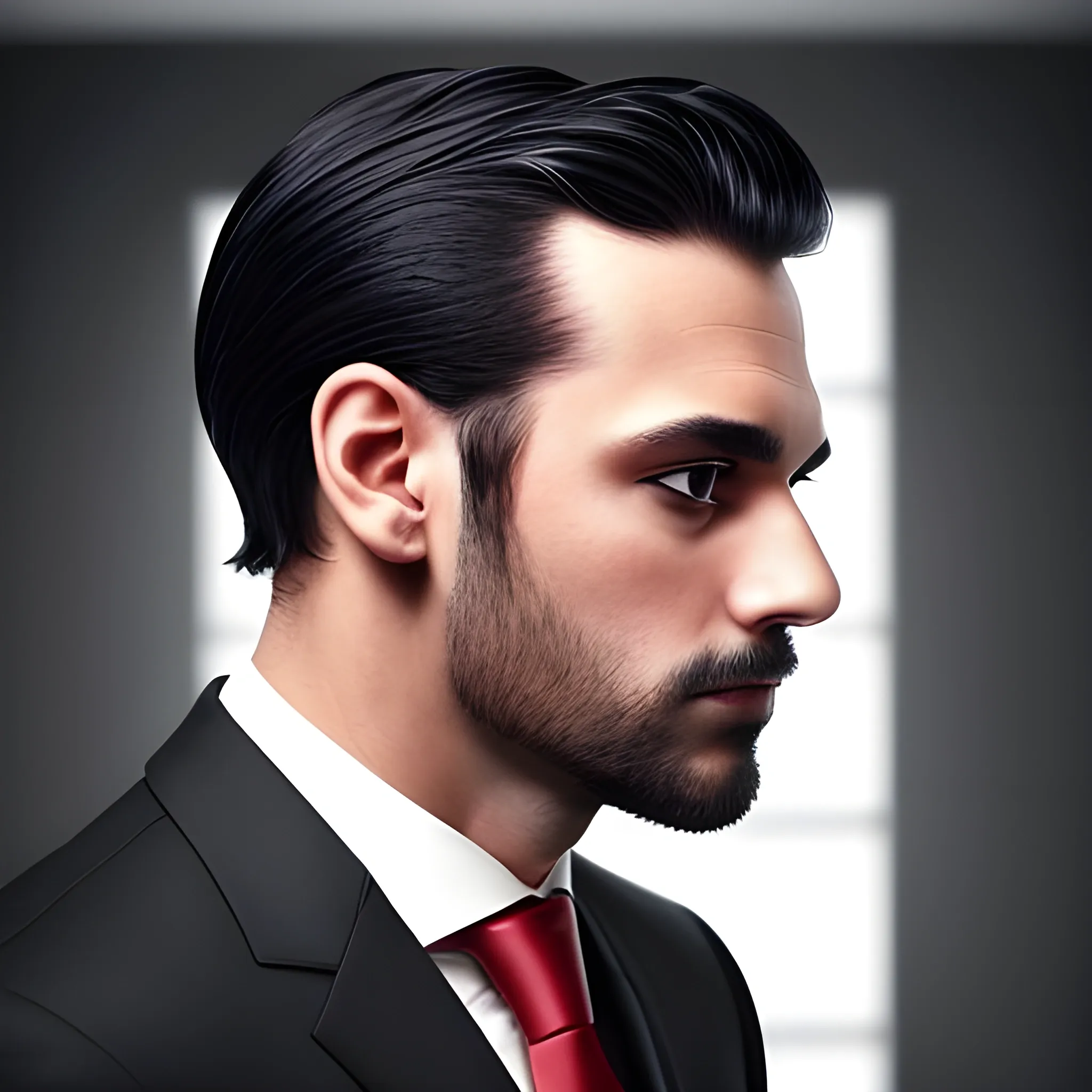 businessman in full-black-suit with red-tie, profile photo, dark colours
