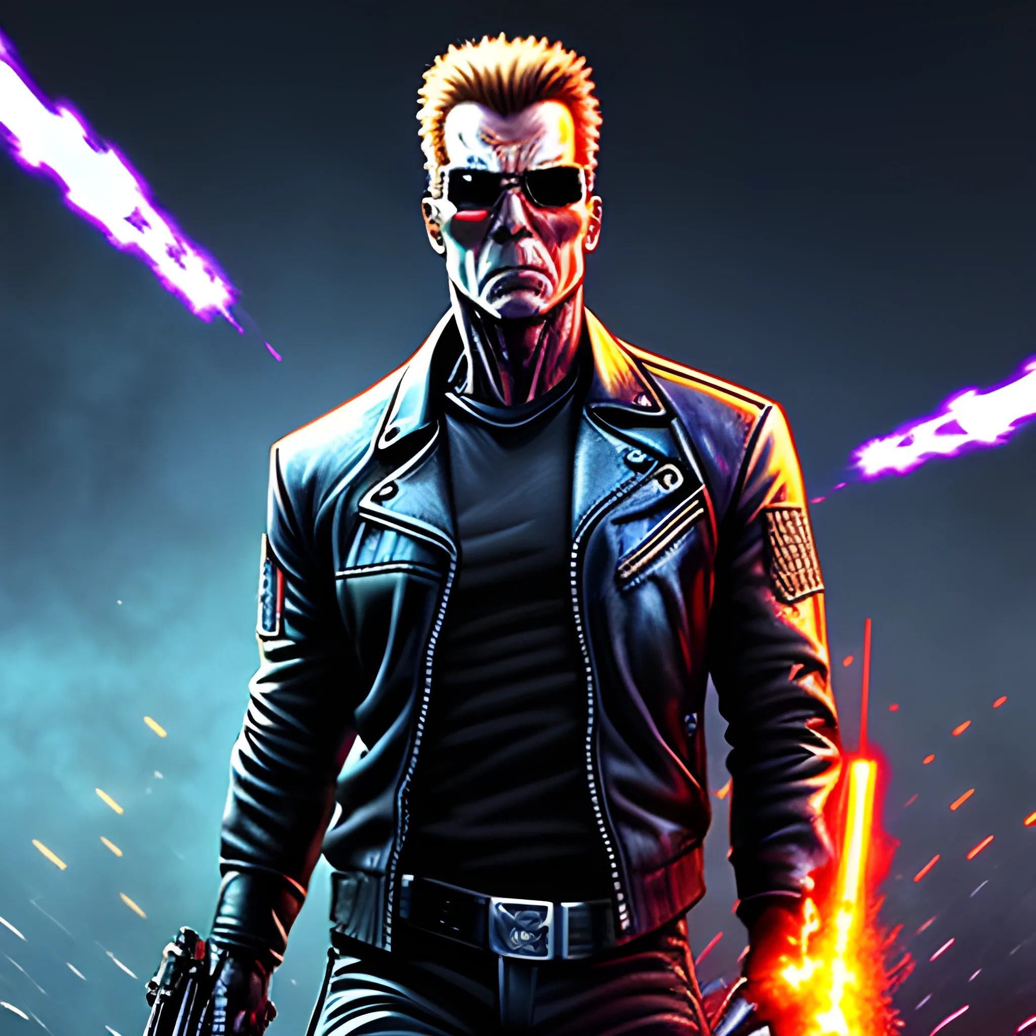 Terminator with a gun, full of explosions, digital style, high quality full of little details
,Trippy